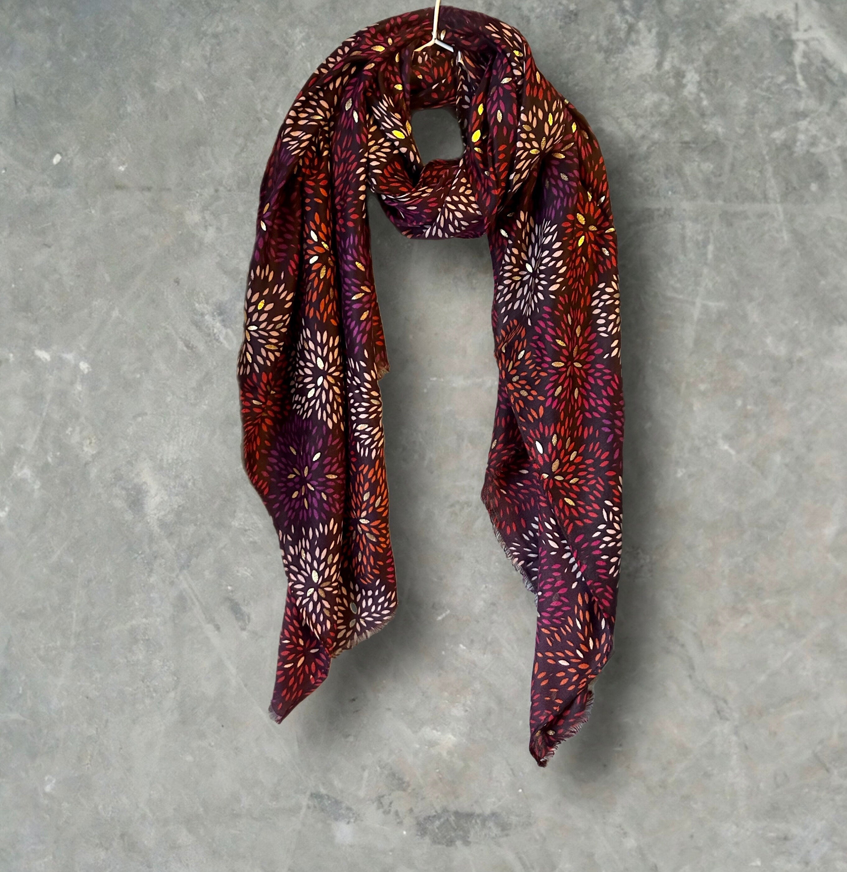 Firework Pattern with Gold Foils Red Cotton Blend Scarf