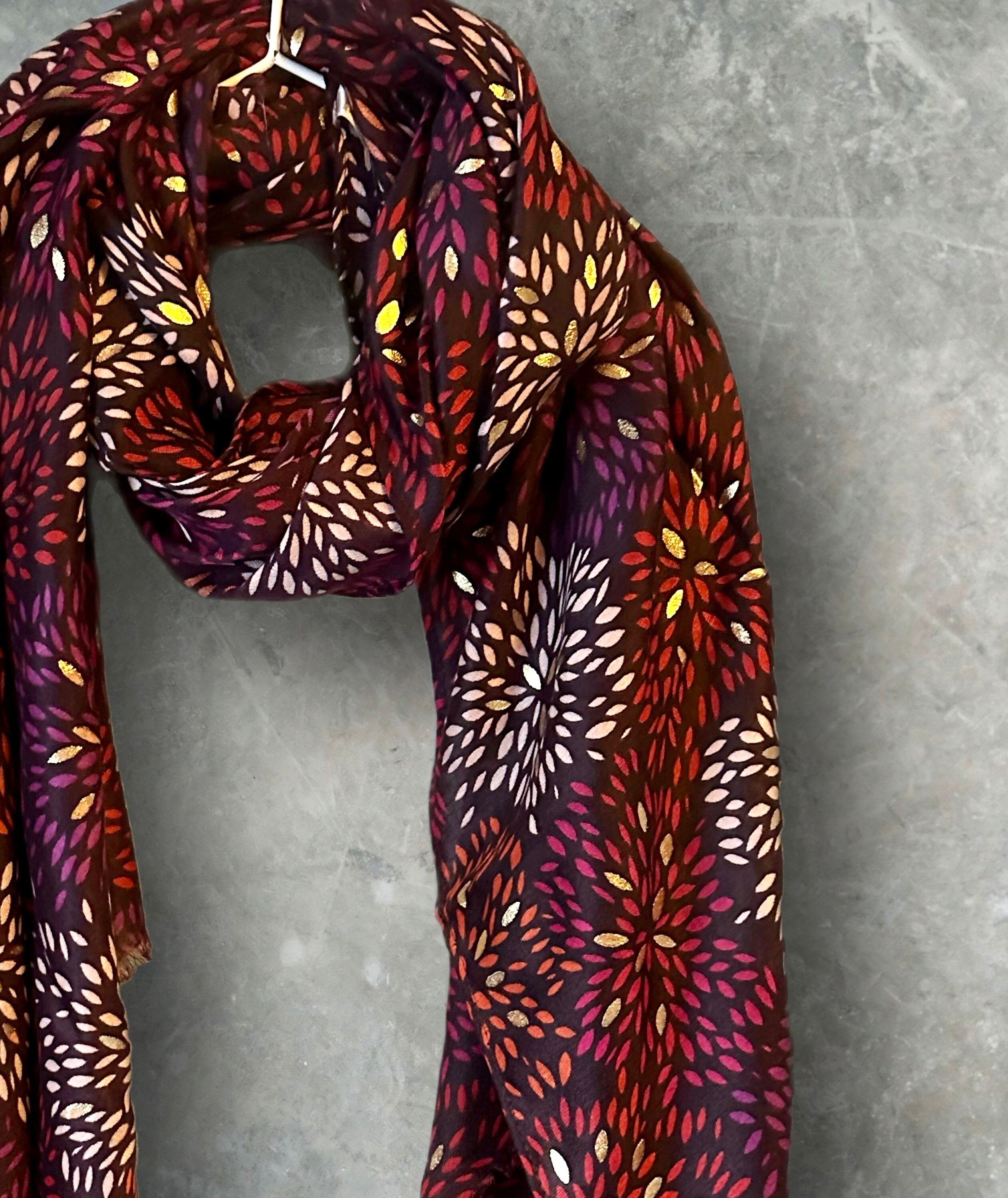 Firework Pattern with Gold Foils Red Cotton Blend Scarf