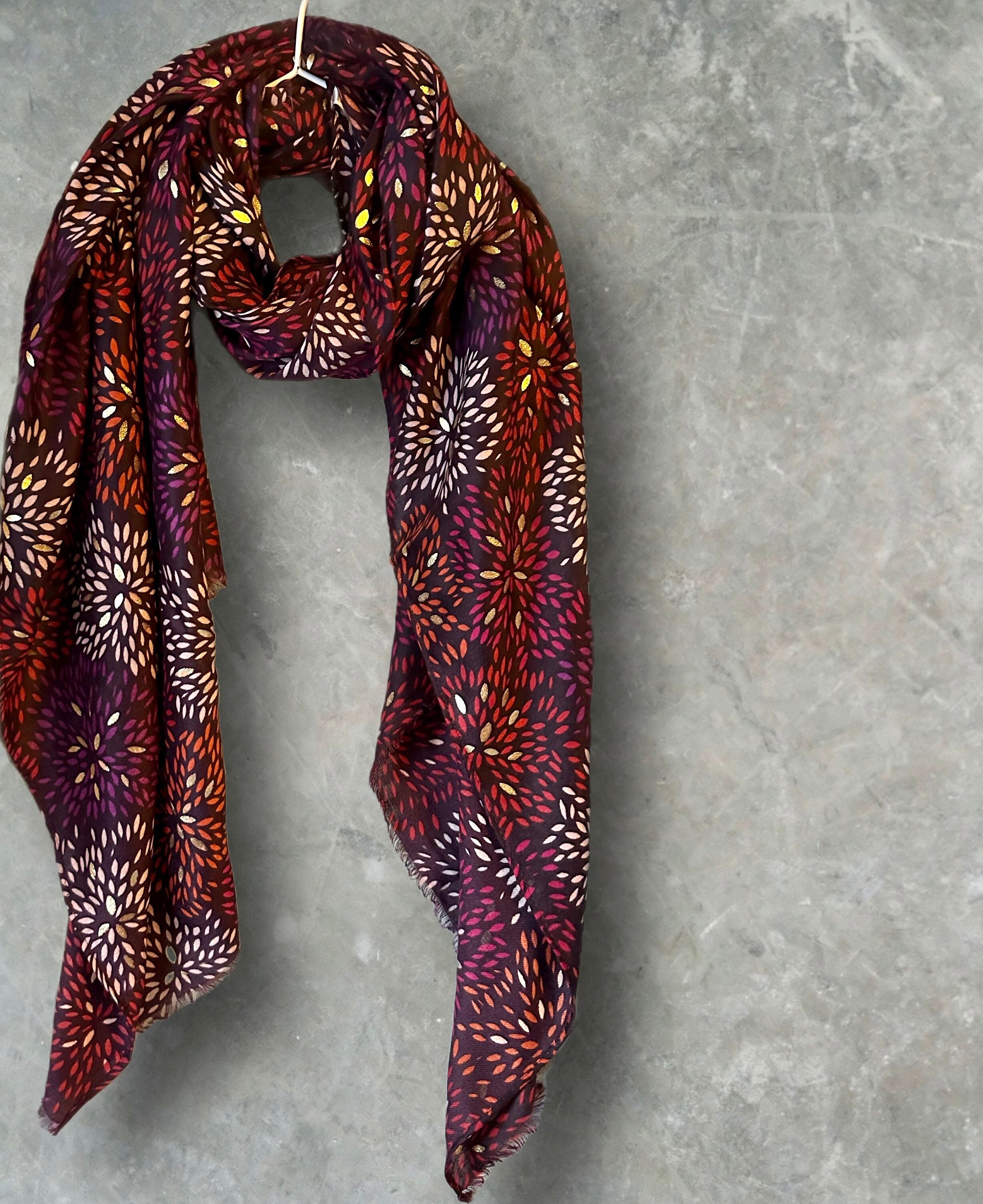 Firework Pattern with Gold Foils Red Cotton Blend Scarf