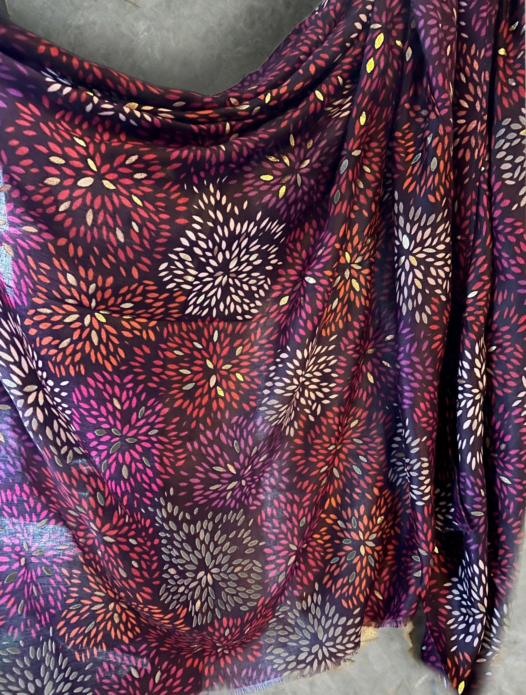 Firework Pattern with Gold Foils Red Cotton Blend Scarf
