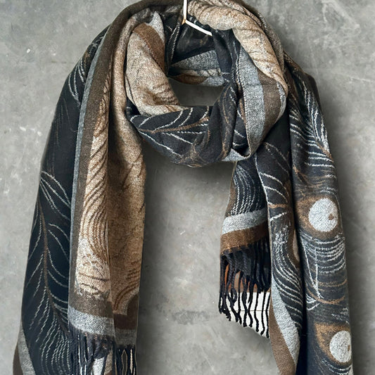 Cashmere Scarf in Black and Beige with Feathers Pattern,Winter Scarf, Perfect Gift for Mom,Her,Birthday and Christmas.