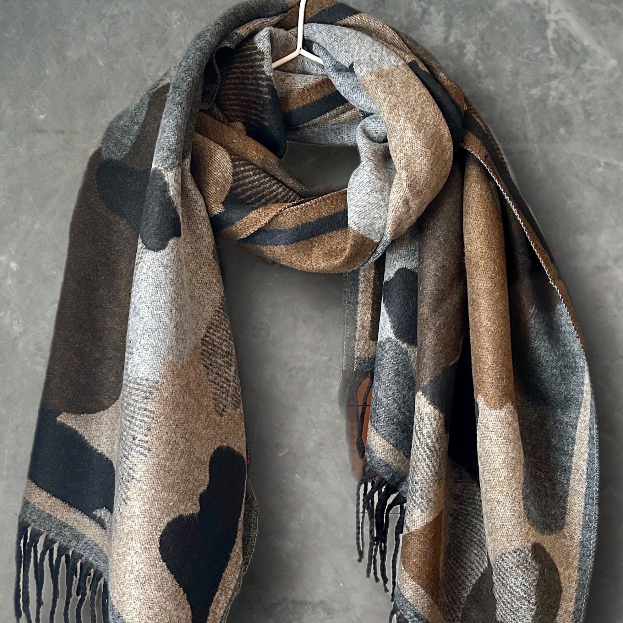 Cashmere Scarf in Black,Grey and Beige with Color Patch Pattern for Winter