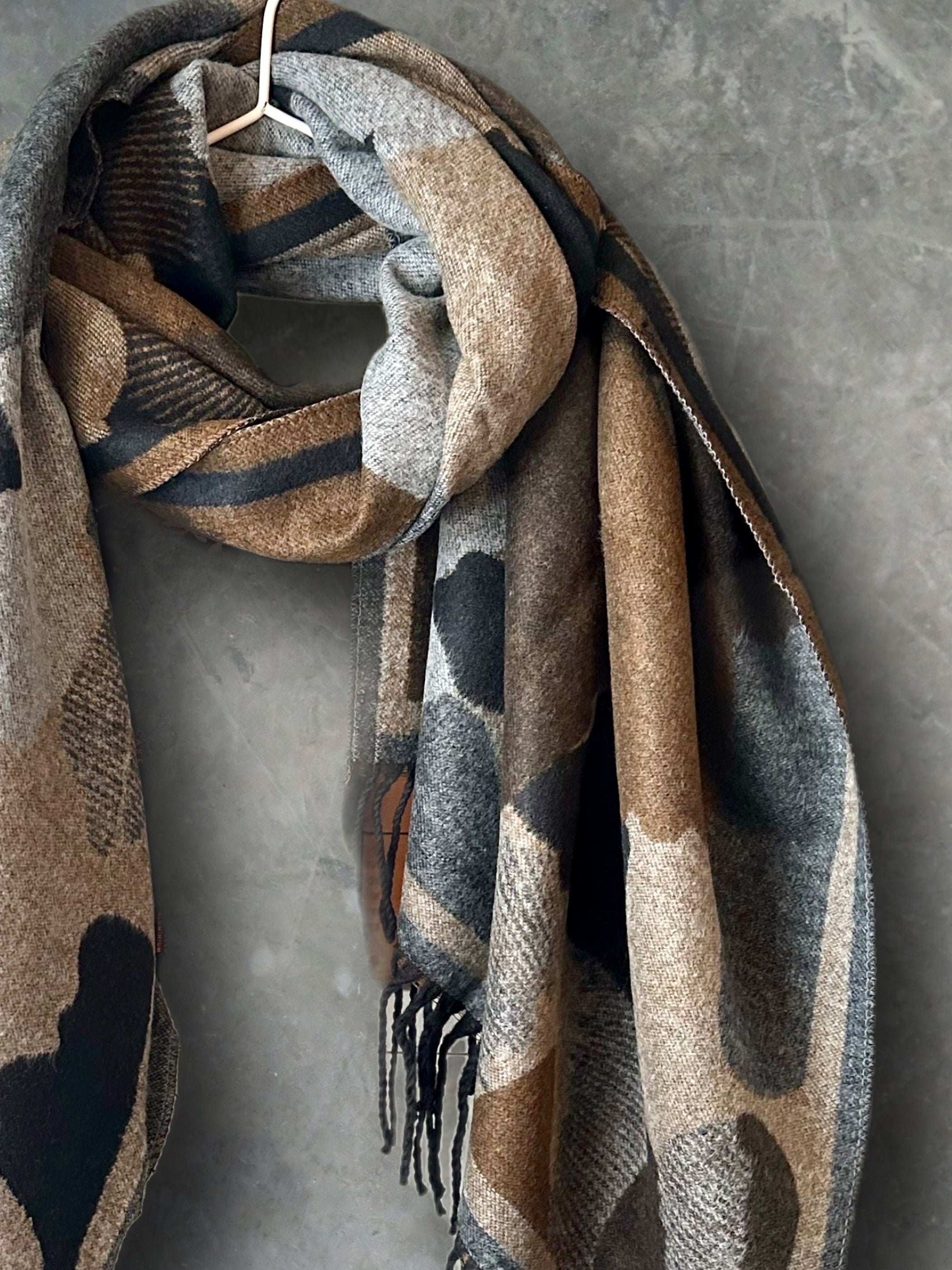 Cashmere Scarf in Black,Grey and Beige with Color Patch Pattern for Winter