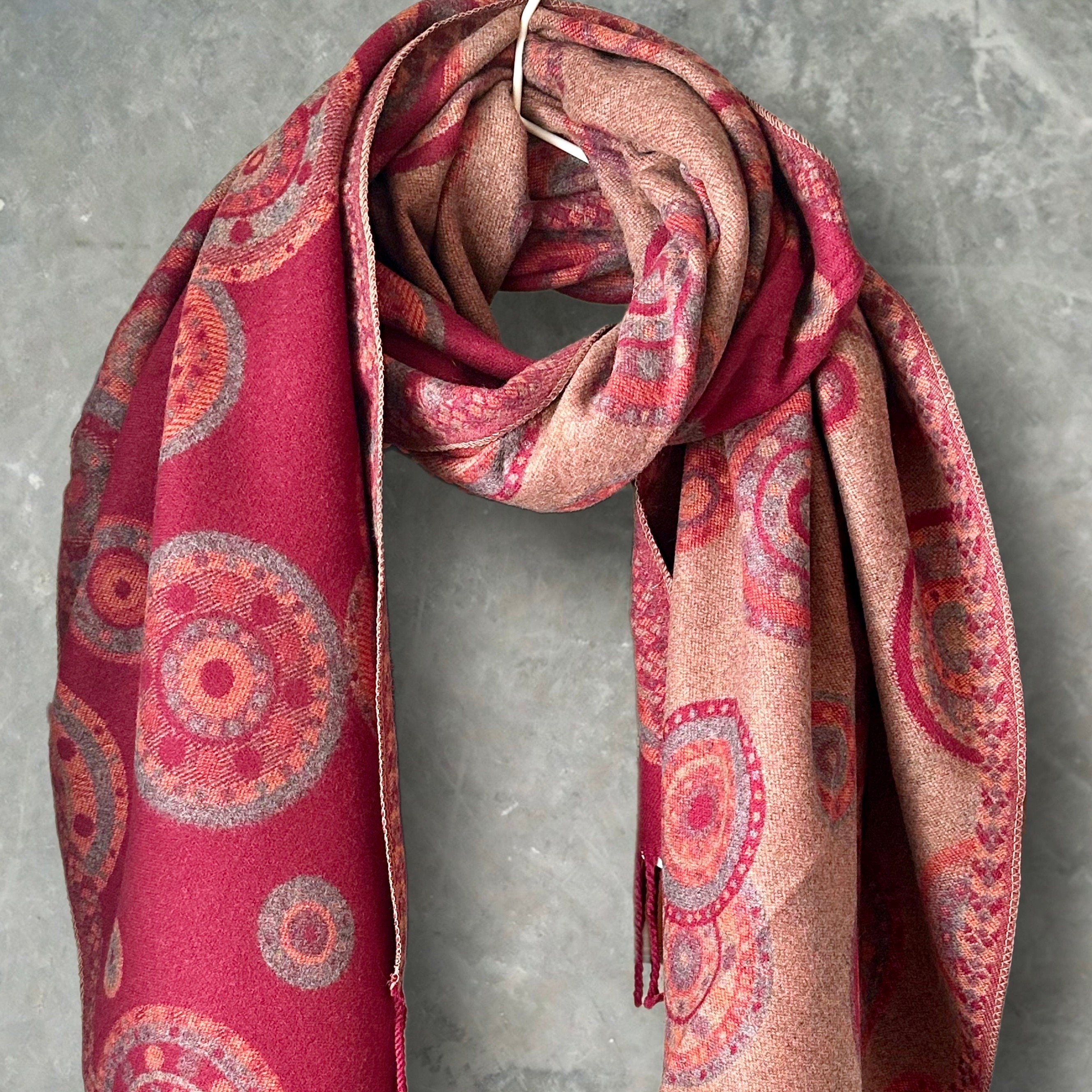 Cashmere Blend Scarf in Maroon Red with Circular Dots Pattern
