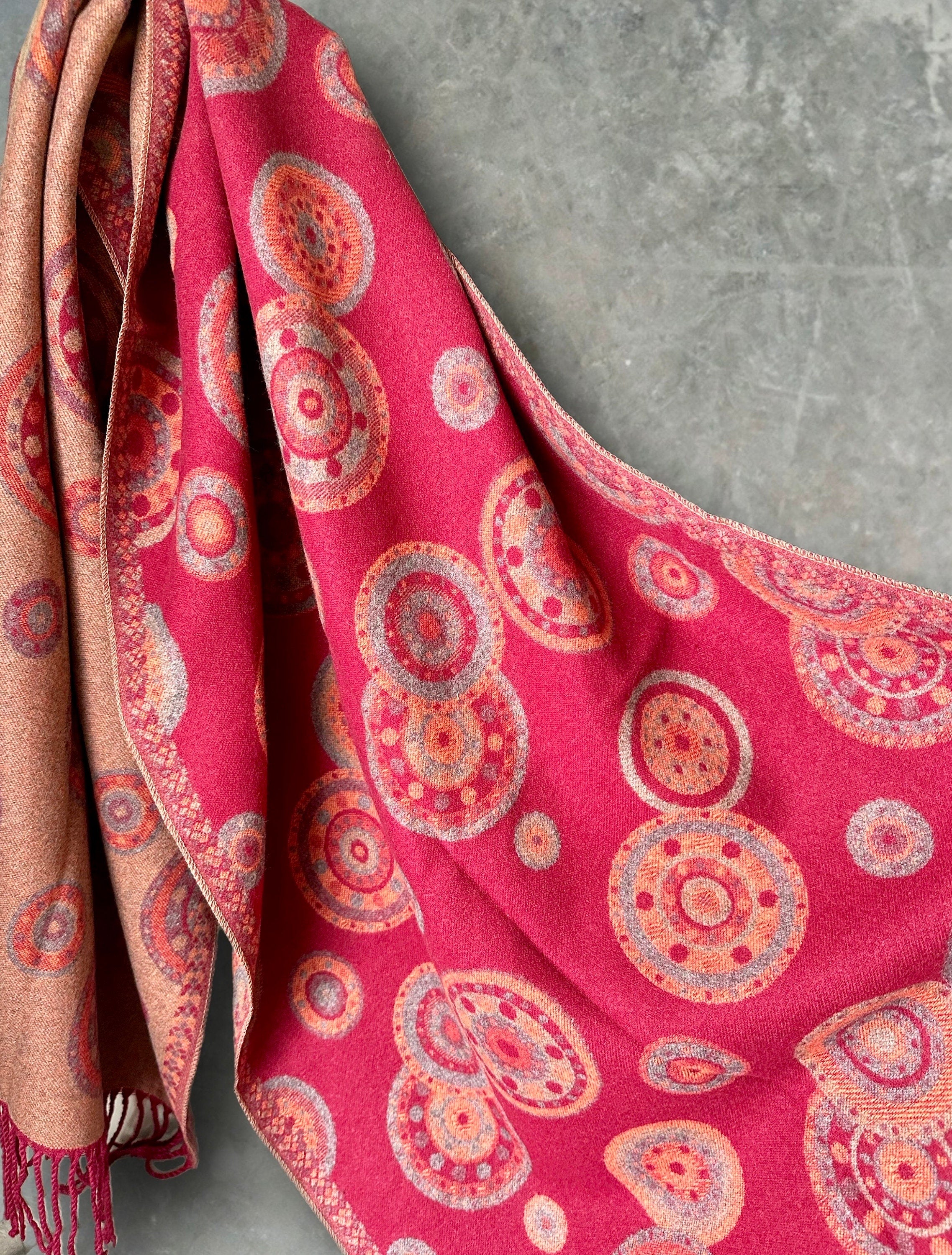 Cashmere Blend Scarf in Maroon Red with Circular Dots Pattern