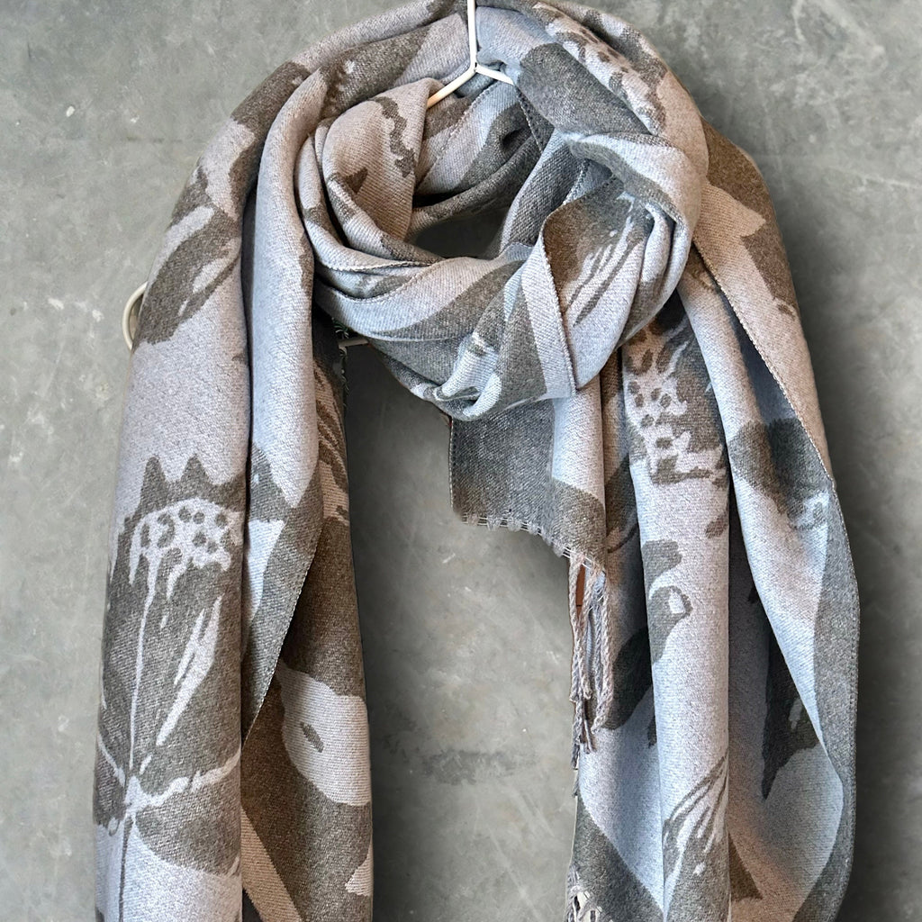 Luxury Cashmere Scarf in Light Blue and Grey with Large Peony Pattern