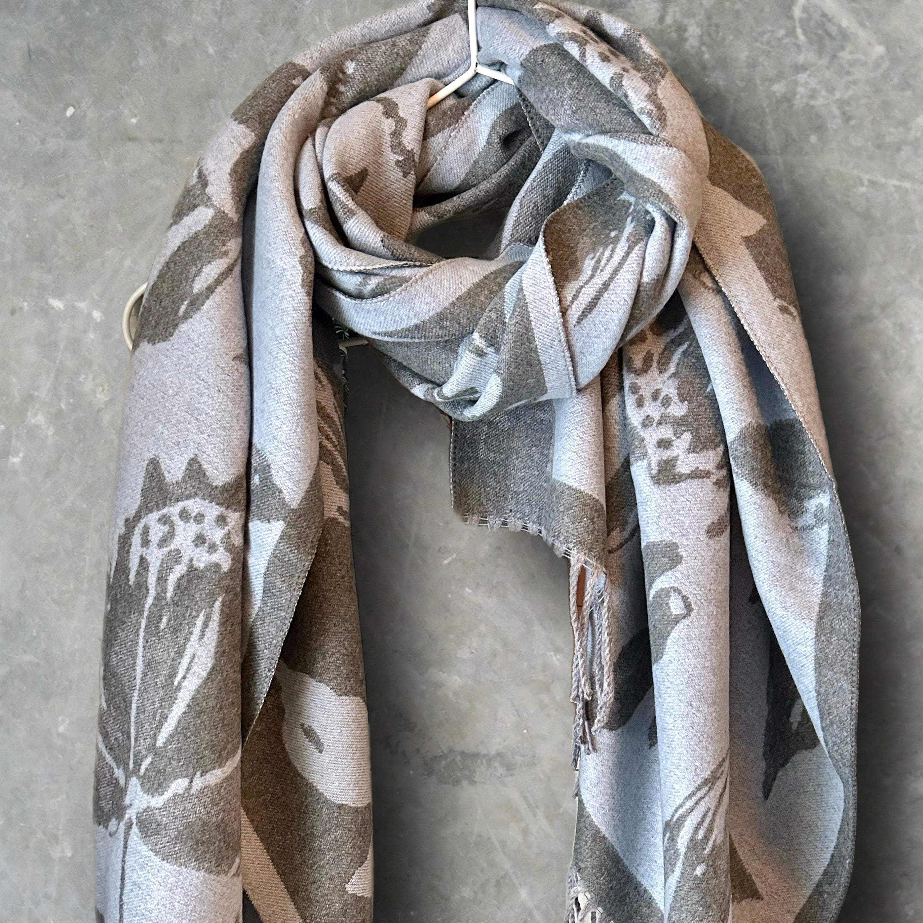 Luxury Cashmere Scarf in Light Blue and Grey with Large Peony Pattern