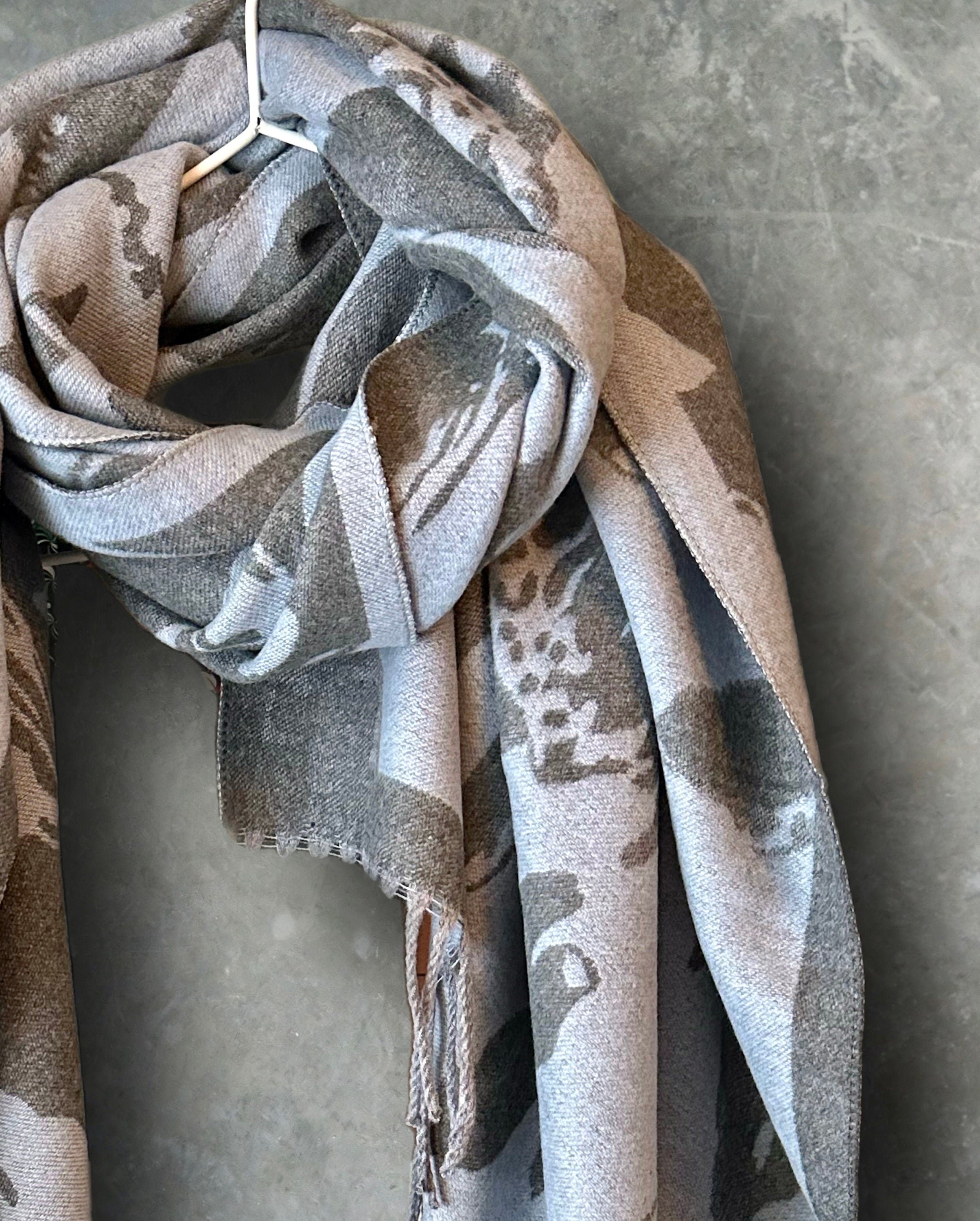 Luxury Cashmere Scarf in Light Blue and Grey with Large Peony Pattern