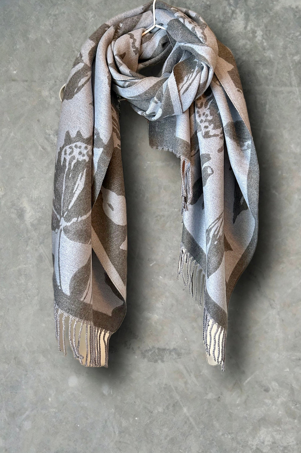Luxury Cashmere Scarf in Light Blue and Grey with Large Peony Pattern