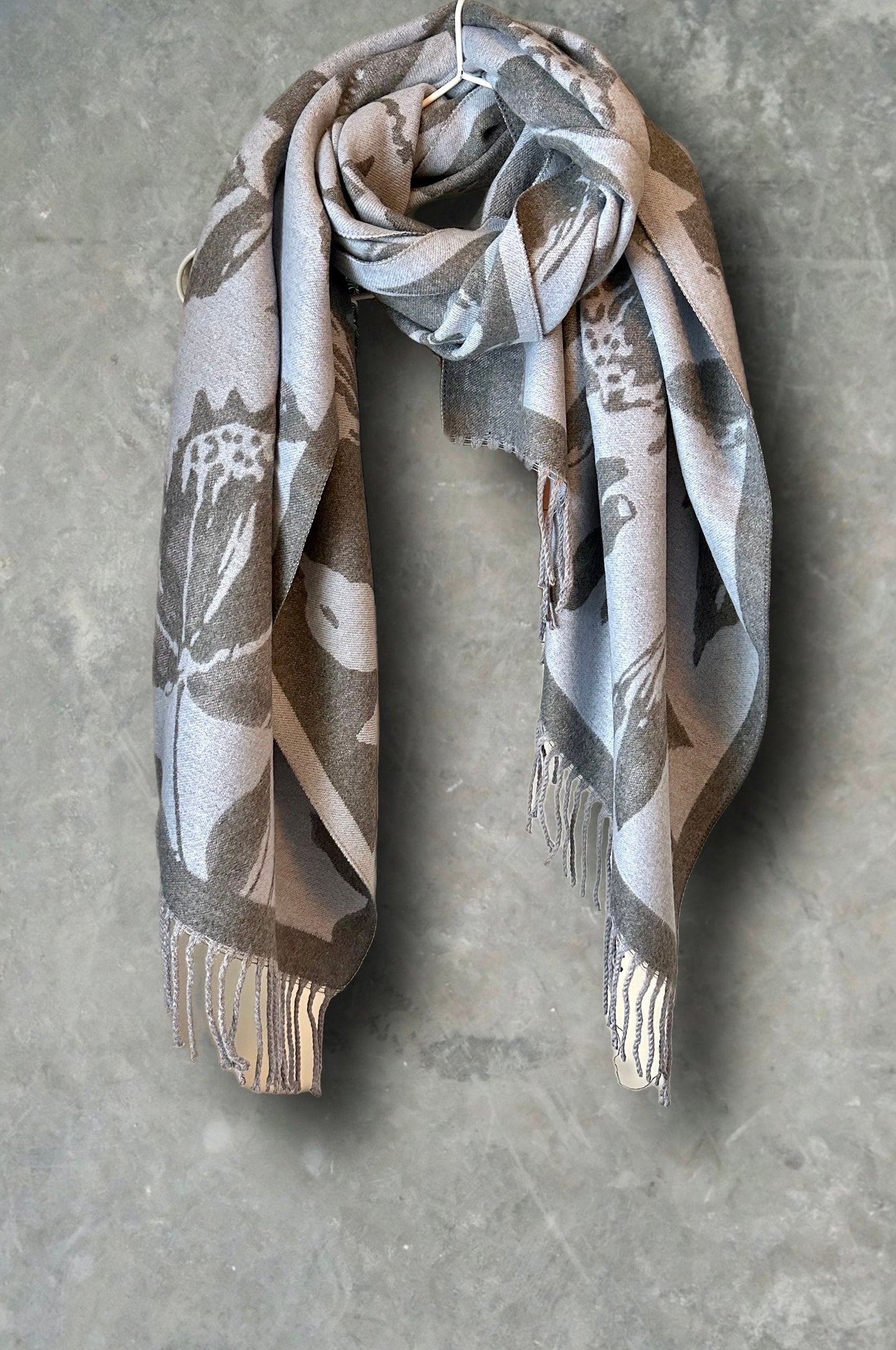 Luxury Cashmere Scarf in Light Blue and Grey with Large Peony Pattern,suitable for Winter,Idea Gifts For Mom,Her,Birthday and Christmas