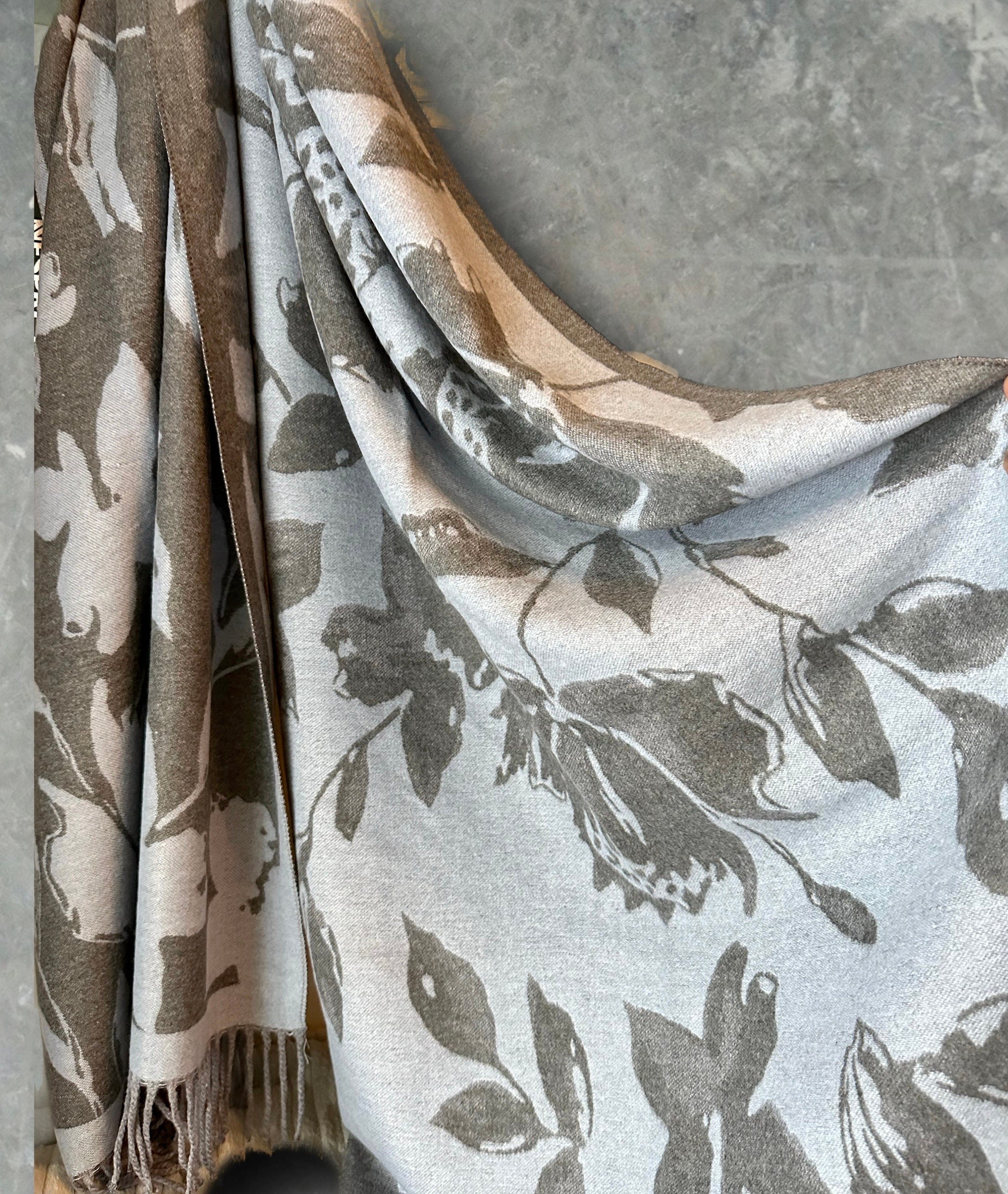 Luxury Cashmere Scarf in Light Blue and Grey with Large Peony Pattern