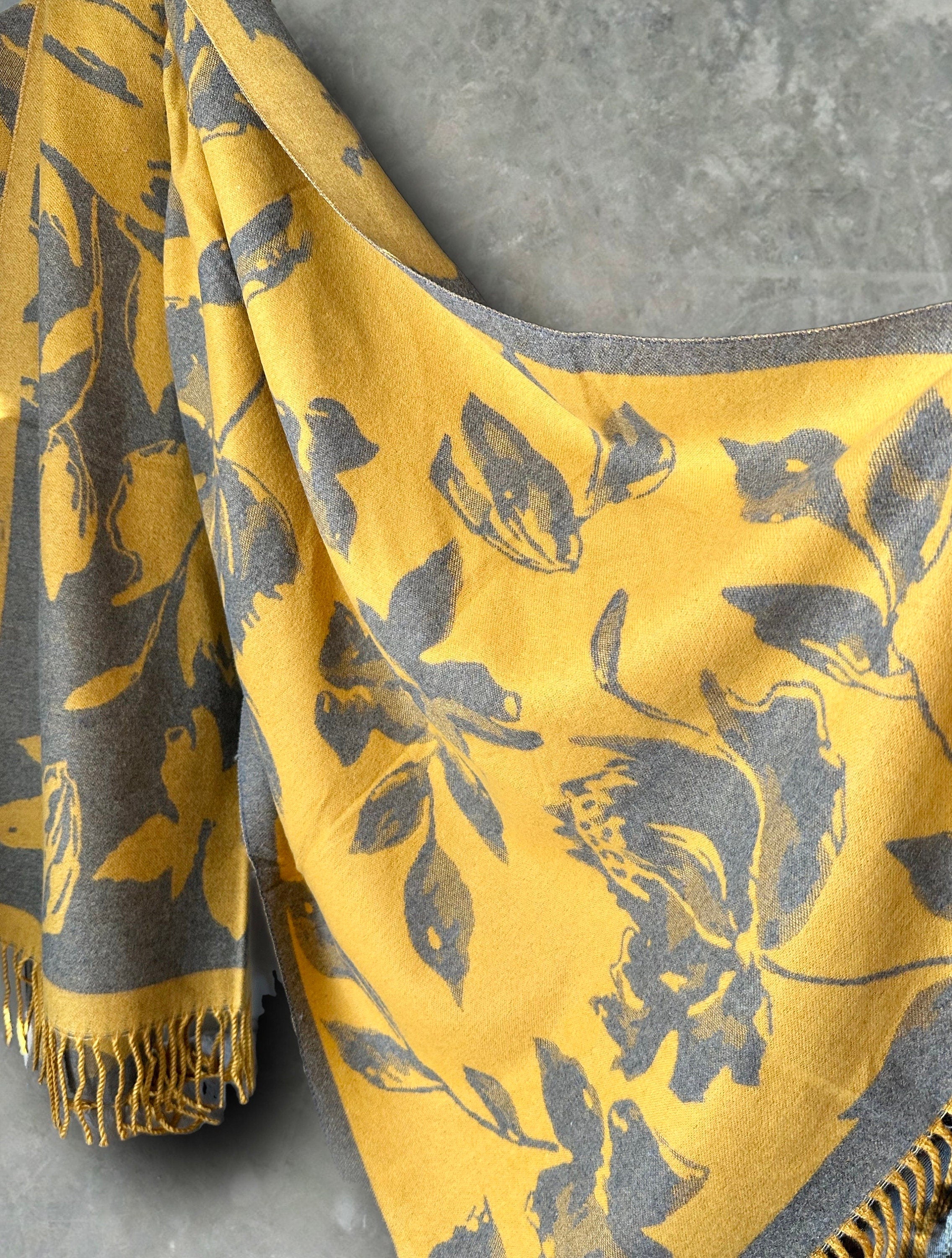 Luxury Cashmere Scarf in Mustard Yellows and Grey with Large Peony Pattern