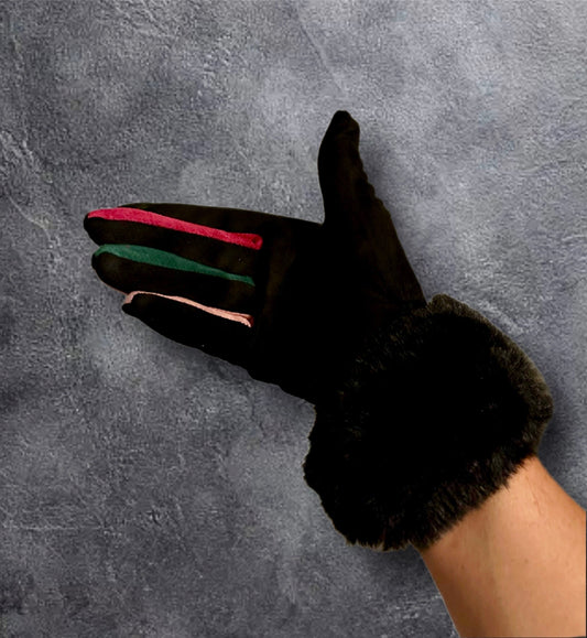 Black Suede Gloves with Faux Fur,Winter Gloves,Stretch Suede Fabric Women Gloves,Great Gifts for Mom,Her,Birthday and Christmas