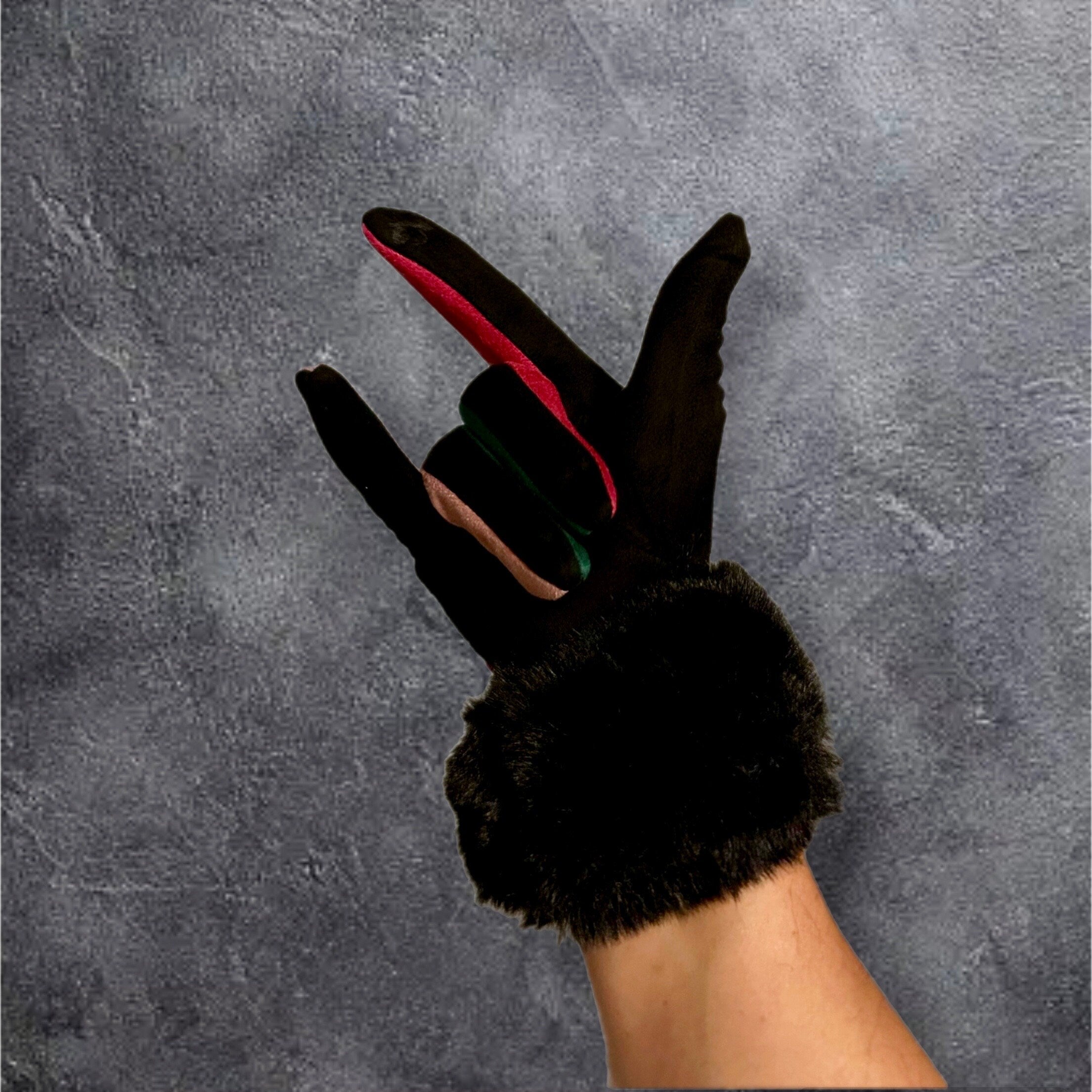 Black Faux Suede Gloves with Faux Fur,Winter Gloves,Stretch Suede Fabric Women Gloves,Great Gifts for Mom,Her,Birthday and Christmas
