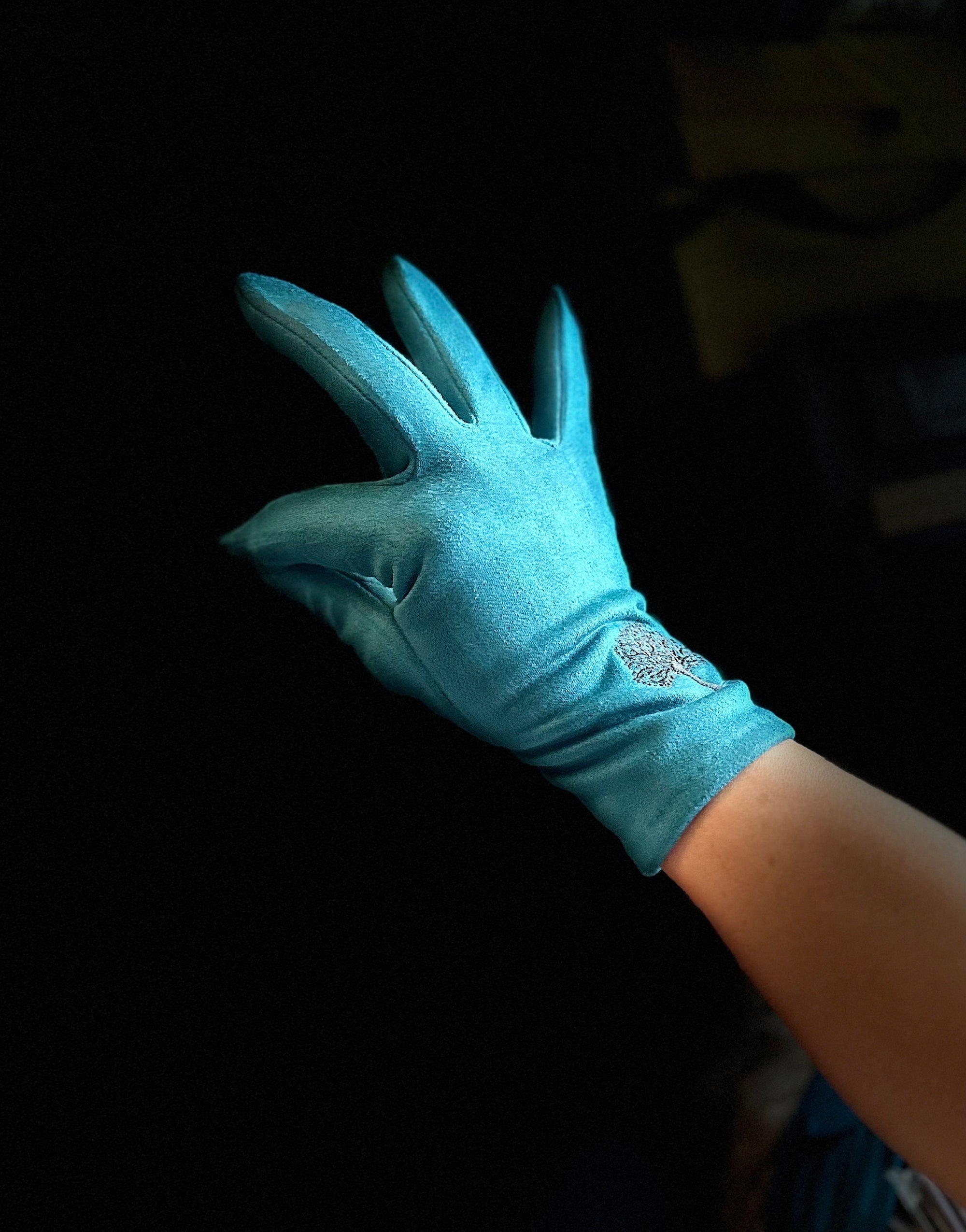 Teal Blue Gloves with Embroidery Mulberry Tree for Women