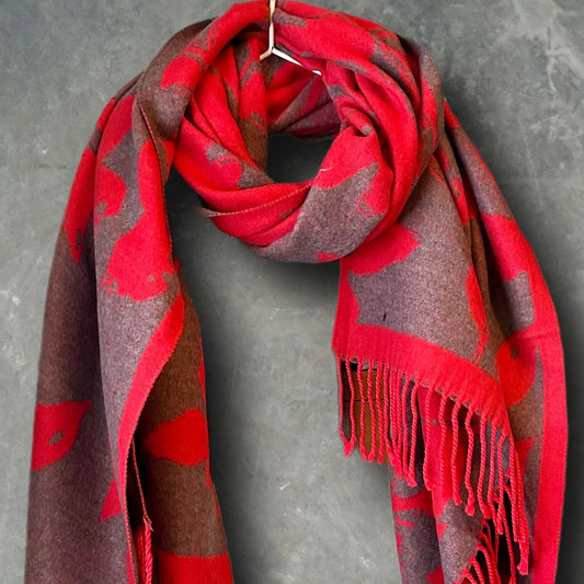 Luxury Cashmere Scarf in Red and Grey with Large Peony Pattern,Winter Scarf,Idea Gifts For Mom,Her,Birthday and Christmas