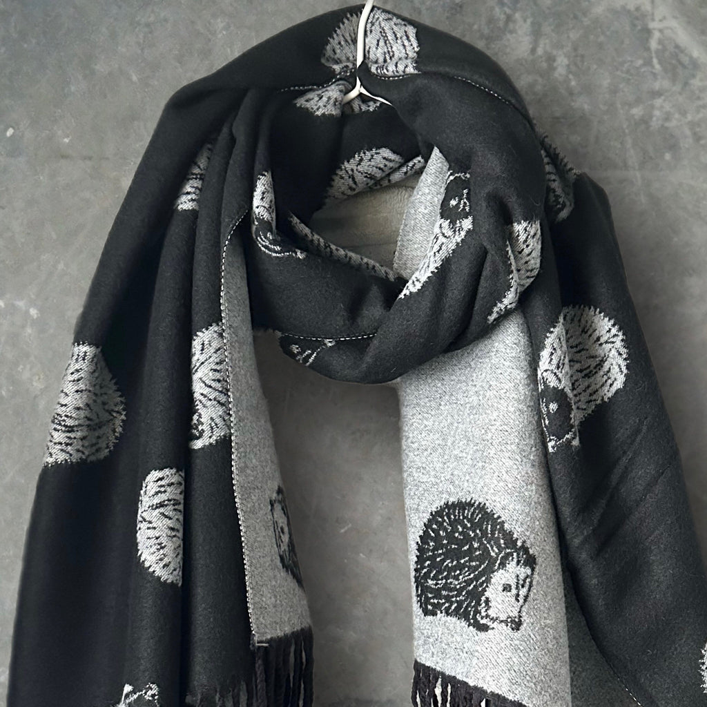 Adorable hedgehog Double-sided Cashmere Blend Scarf in Black and Gey