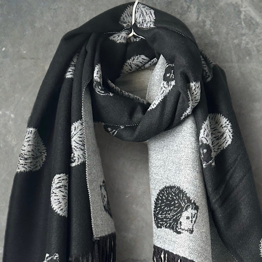 Adorable hedgehog Double-sided Cashmere Scarf in Black and Gey,Winter Scarf,Scarf Women,Gift for Mom,Her,Birthday and Christmas.