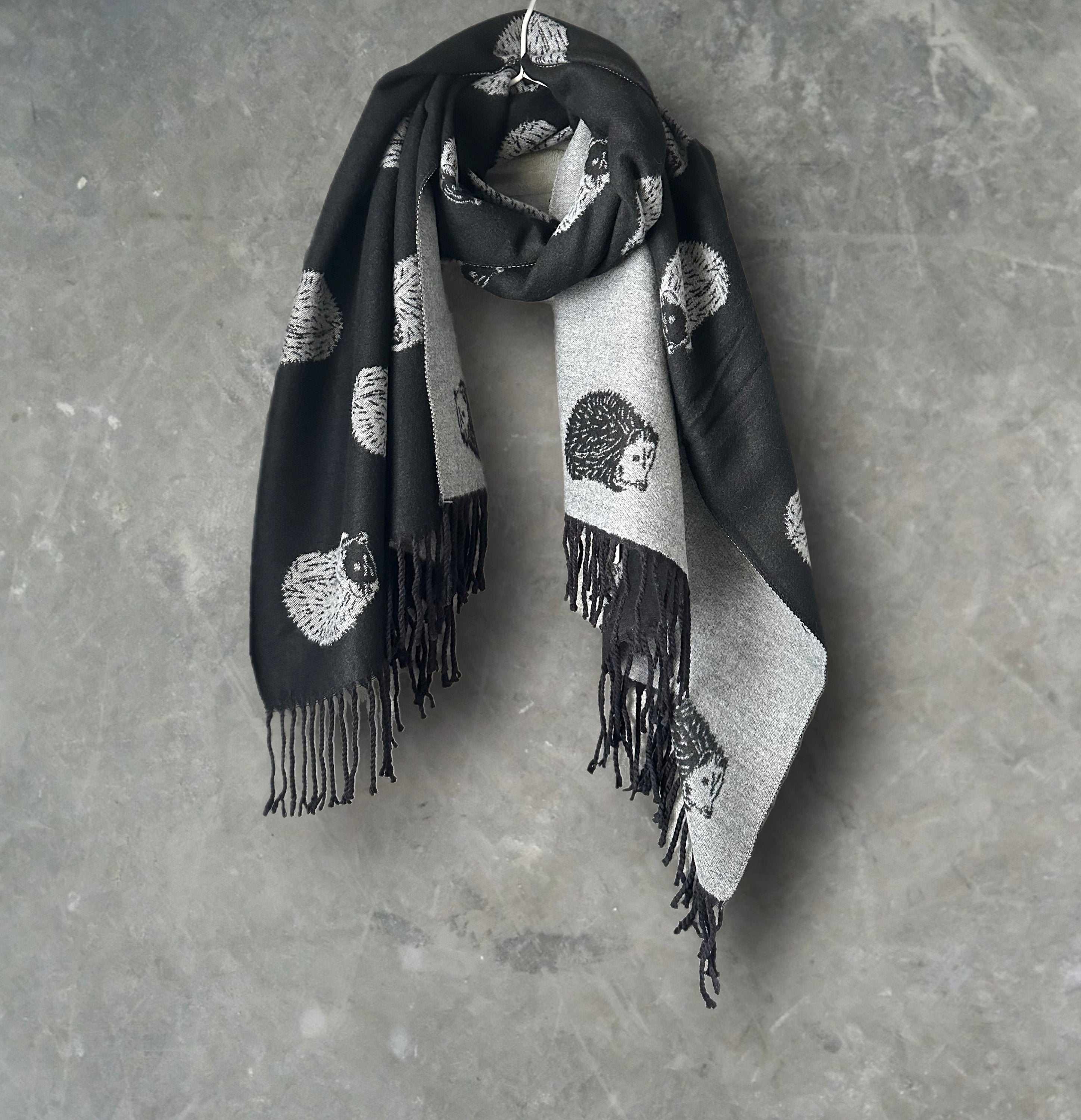 Adorable hedgehog Double-sided Cashmere Blend Scarf in Black and Gey