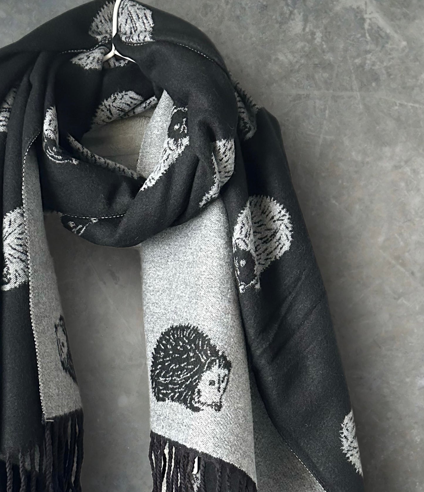 Adorable hedgehog Double-sided Cashmere Scarf in Black and Gey,Winter Scarf,Scarf Women,Gift for Mom,Her,Birthday and Christmas.