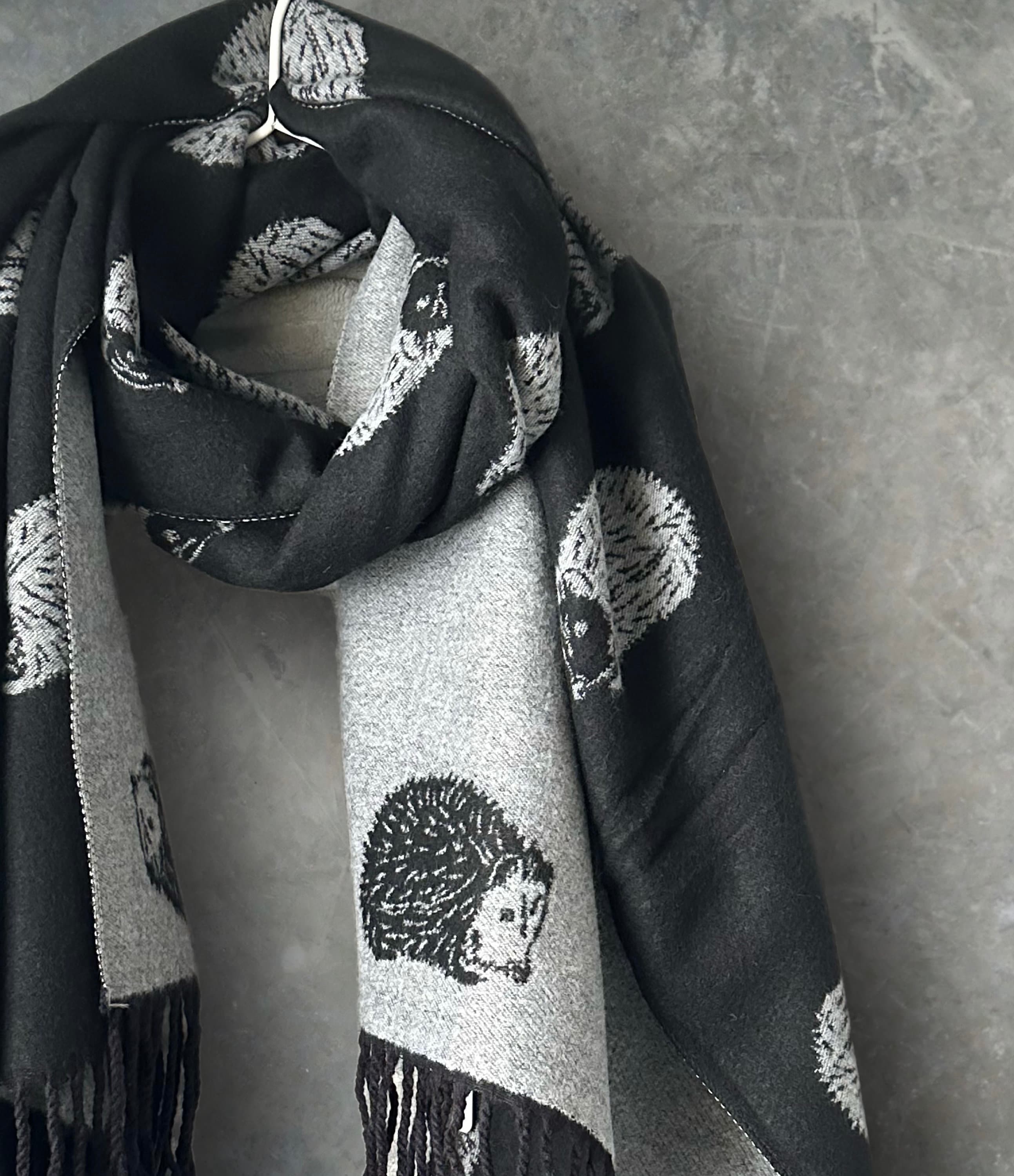 Adorable hedgehog Double-sided Cashmere Blend Scarf in Black and Gey