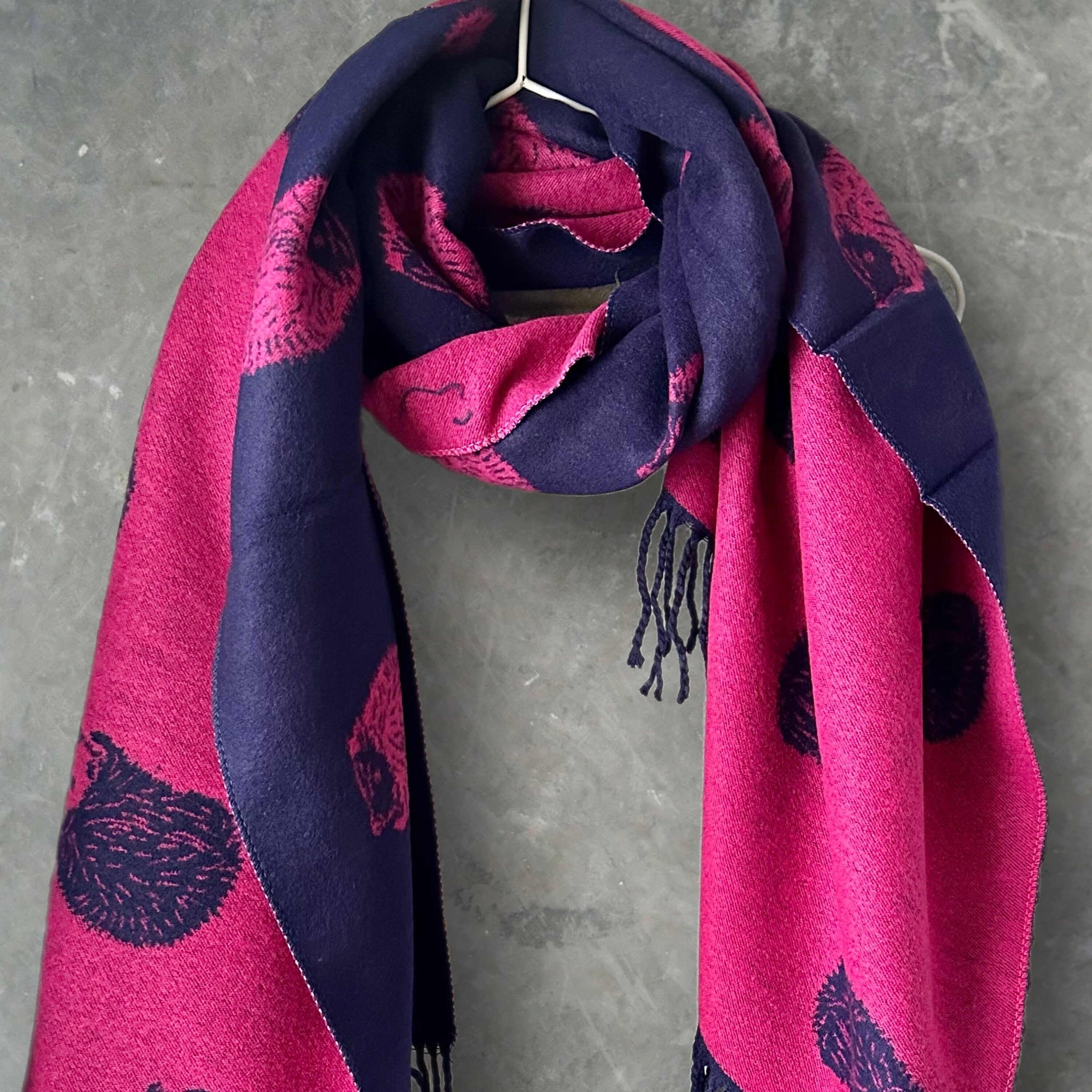 Adorable hedgehog Double-sided Cashmere Blend Scarf in Fuchsia Blue and Pink