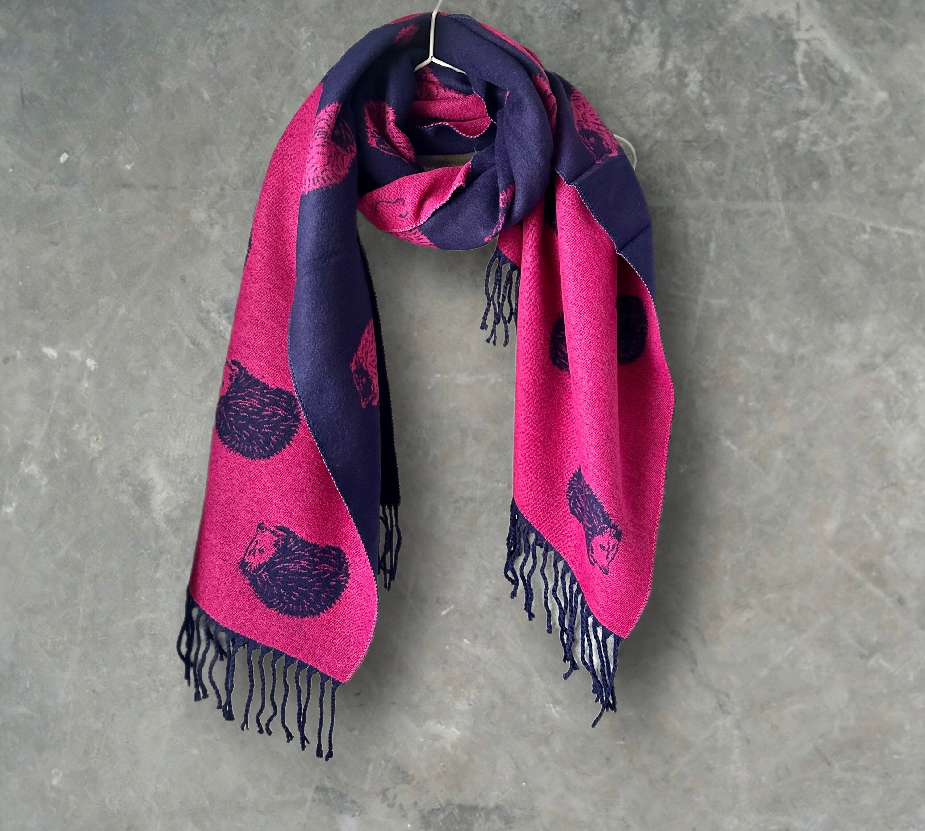 Adorable hedgehog Double-sided Cashmere Blend Scarf in Fuchsia Blue and Pink