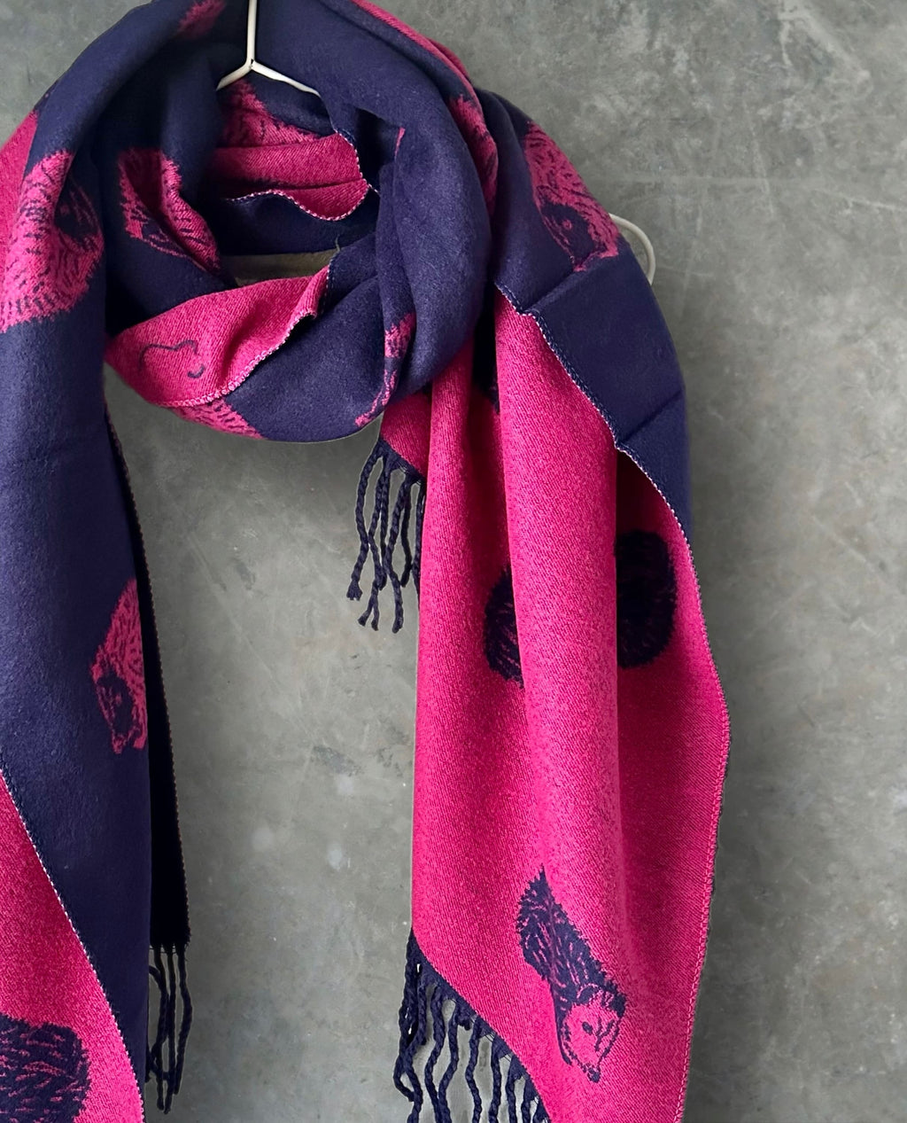 Adorable hedgehog Double-sided Cashmere Blend Scarf in Fuchsia Blue and Pink