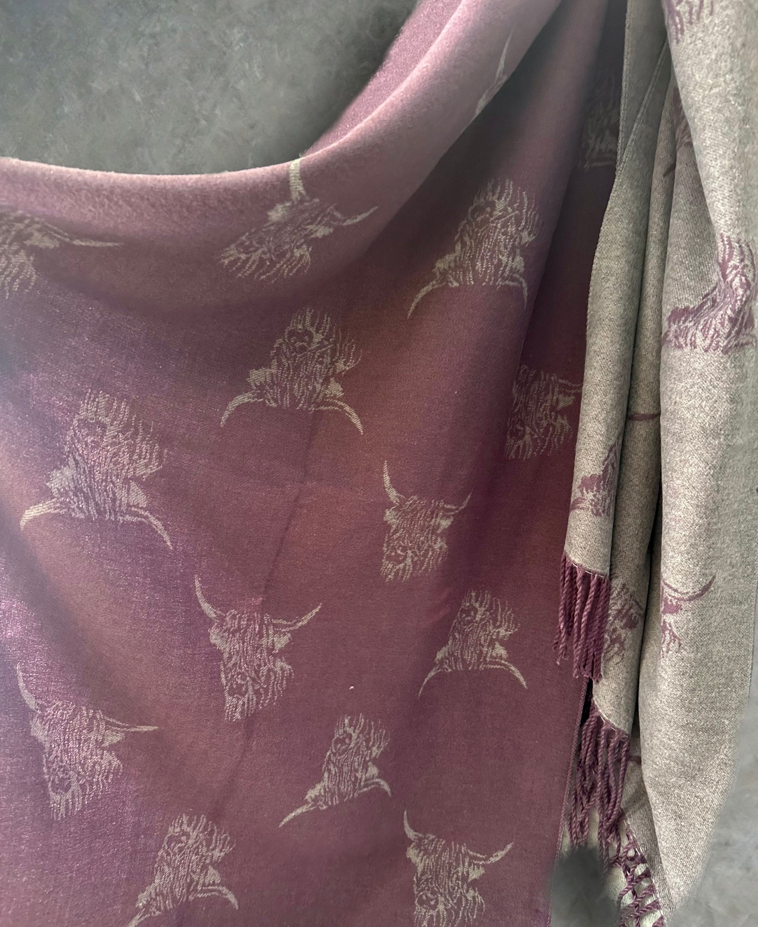 Highland Cattle Scarf in Purple and Grey Double-sided Cashmere Blend Scarf