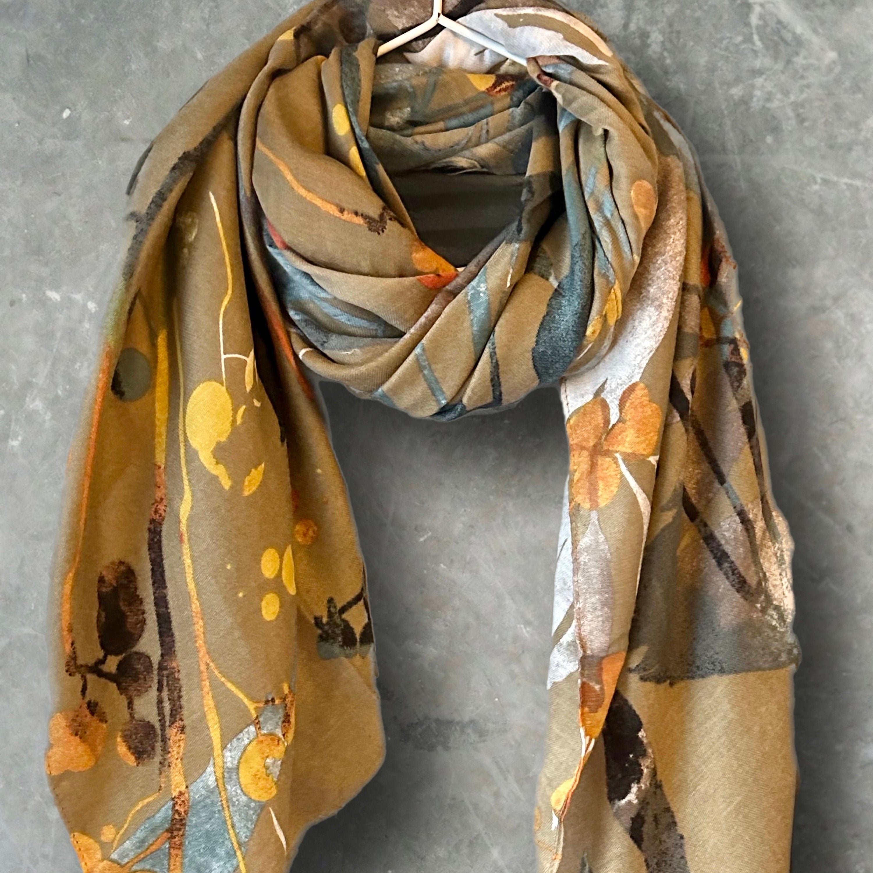 Watercolour Flowers Stem Brown Cotton Scarf