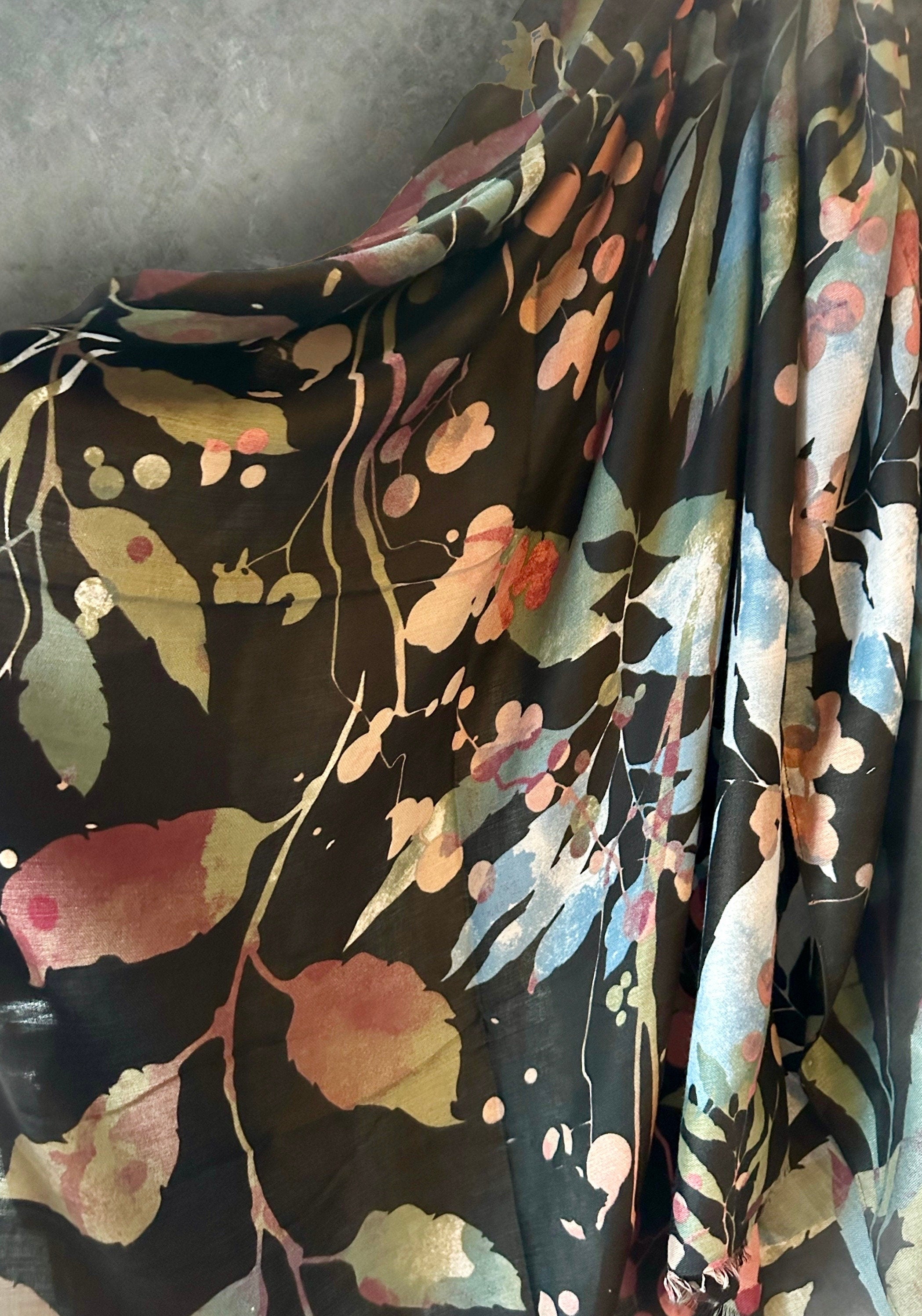 Watercolour Flowers Stem Black Cotton Scarf