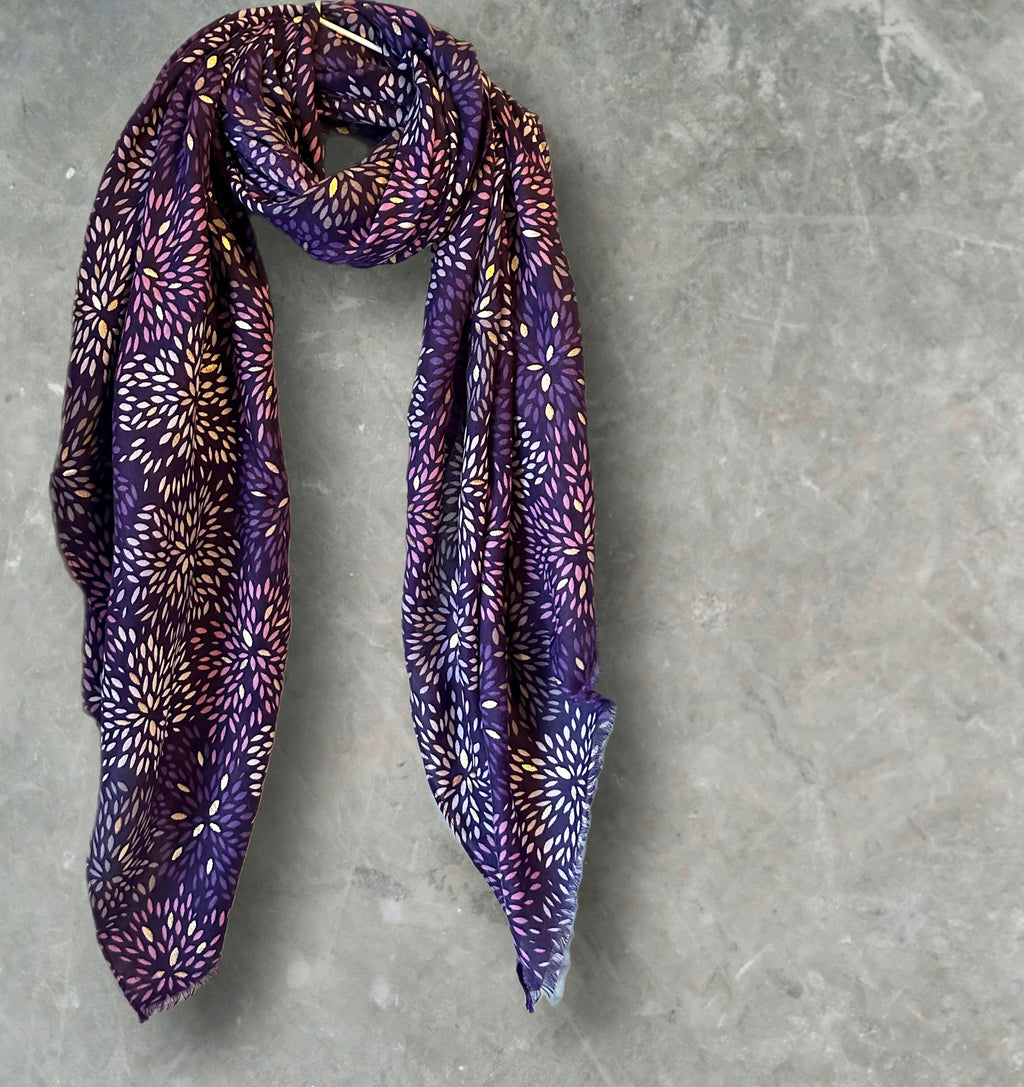 Firework Pattern with Gold Foils Purple Cotton Blend Scarf