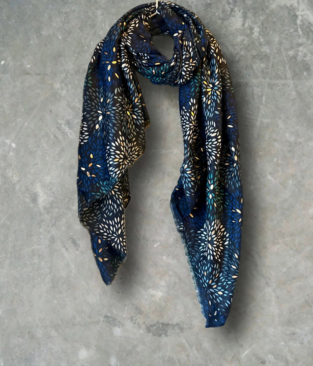Firework Pattern with Gold Foils Blue Cotton Blend Scarf