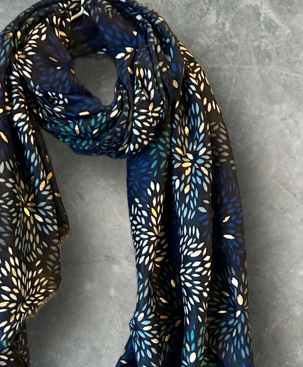 Firework Pattern with Gold Foils Blue Cotton Blend Scarf