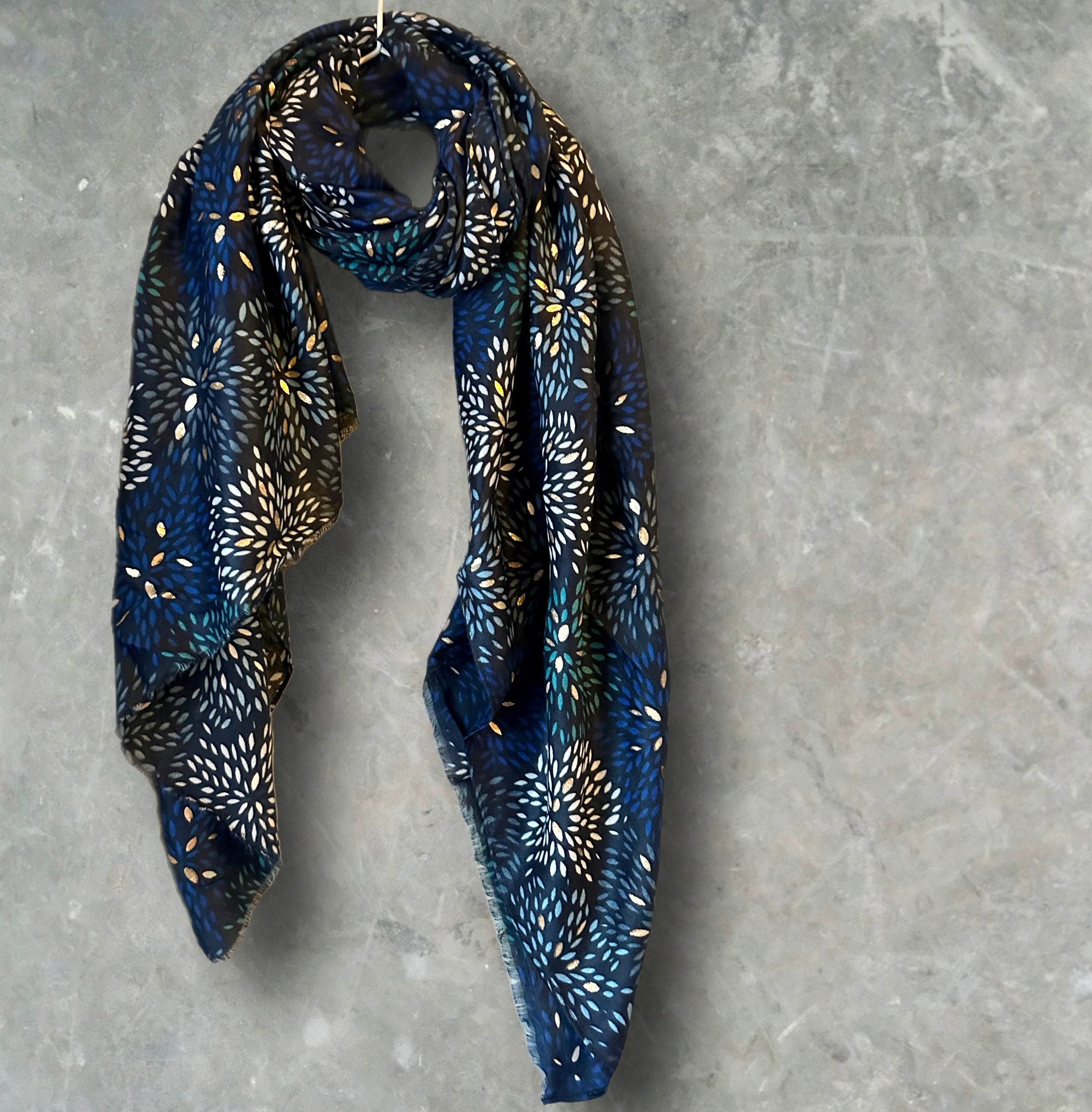 Firework Pattern with Gold Foils Blue Cotton Blend Scarf