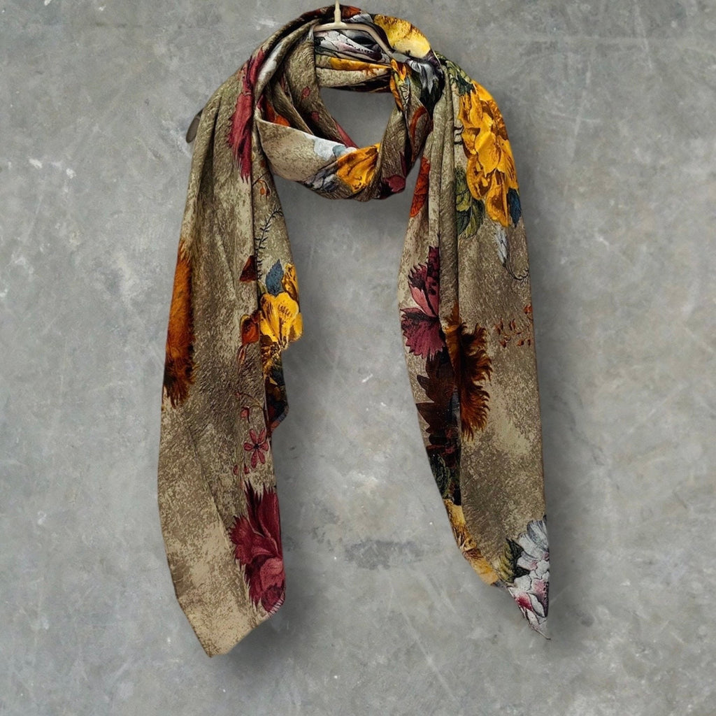 Beige Cotton Scarf with Vintage Peony Flowers,A Timeless Gift for Her