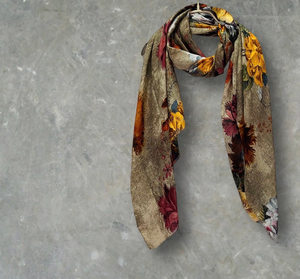 Beige Cotton Scarf with Vintage Peony Flowers,A Timeless Gift for Her