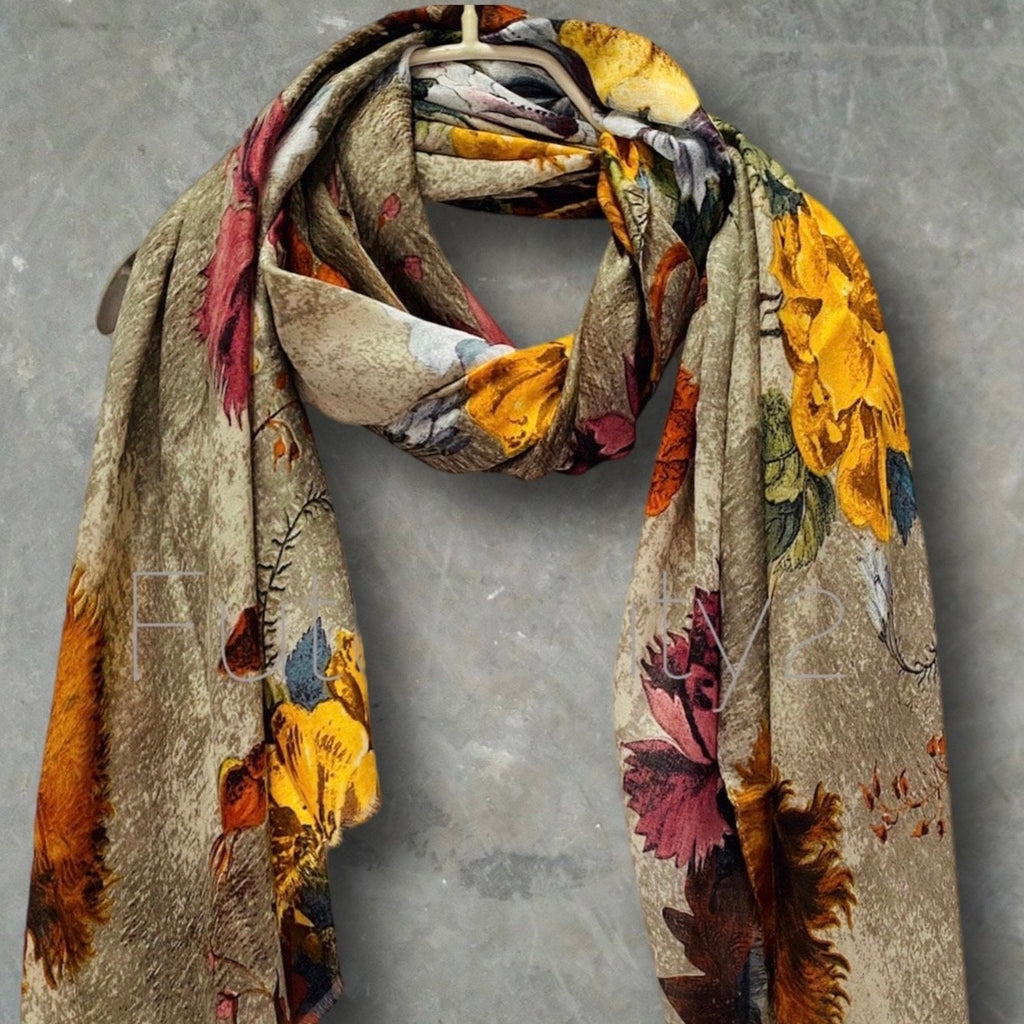Beige Cotton Scarf with Vintage Peony Flowers,A Timeless Gift for Her