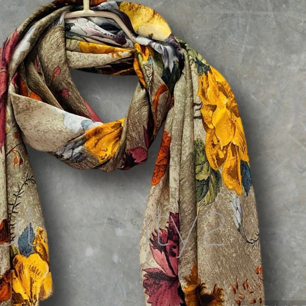 Beige Cotton Scarf with Vintage Peony Flowers,A Timeless Gift for Her