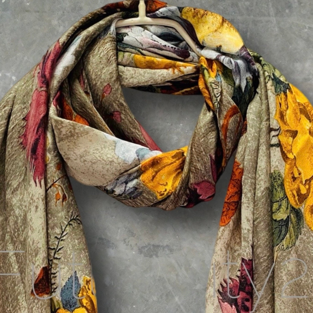 Beige Cotton Scarf with Vintage Peony Flowers,A Timeless Gift for Her