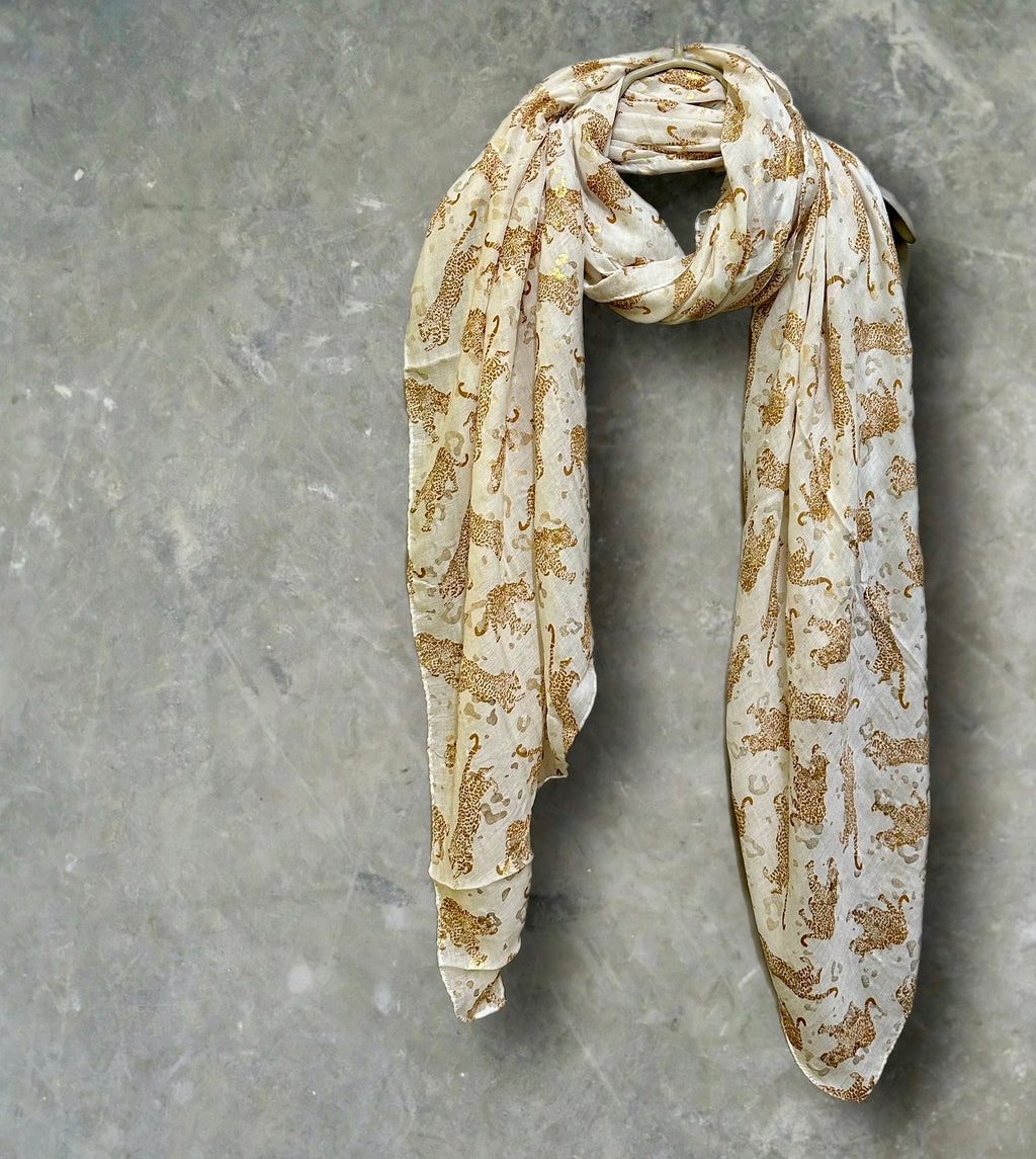 Brown classic leopards print off white scarf