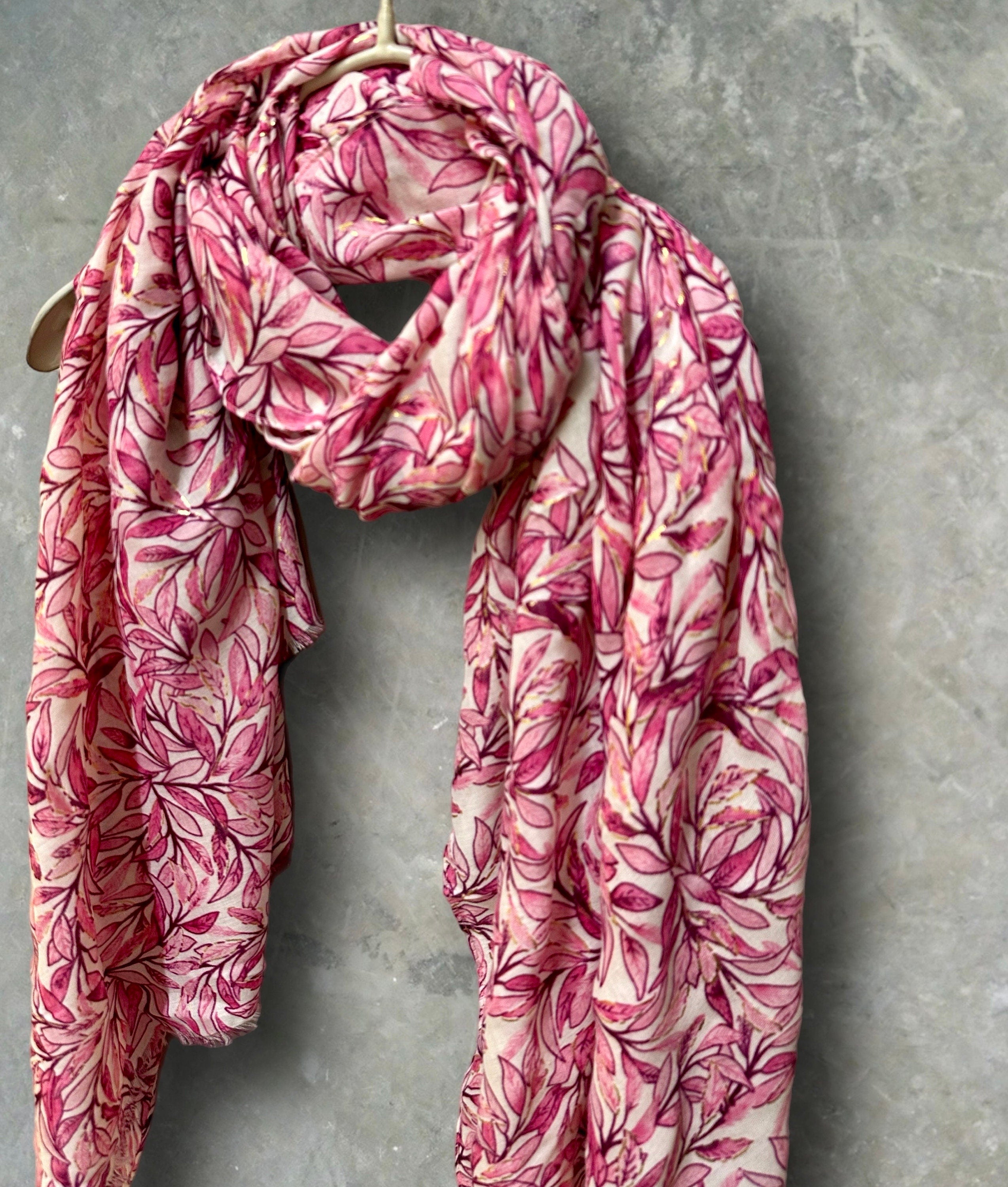 Chic Sketched Leaves Pink Scarf with Gold Flakes.