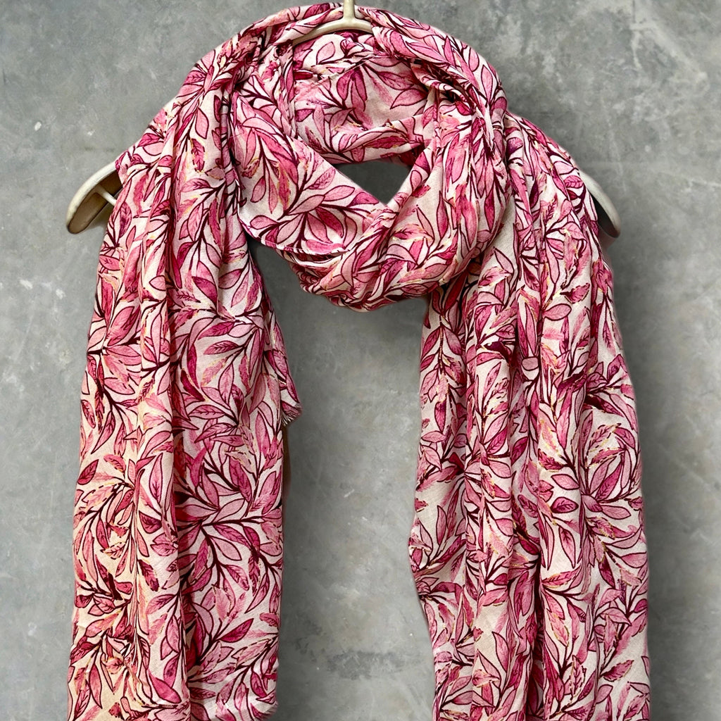 Chic Sketched Leaves Pink Scarf with Gold Flakes.