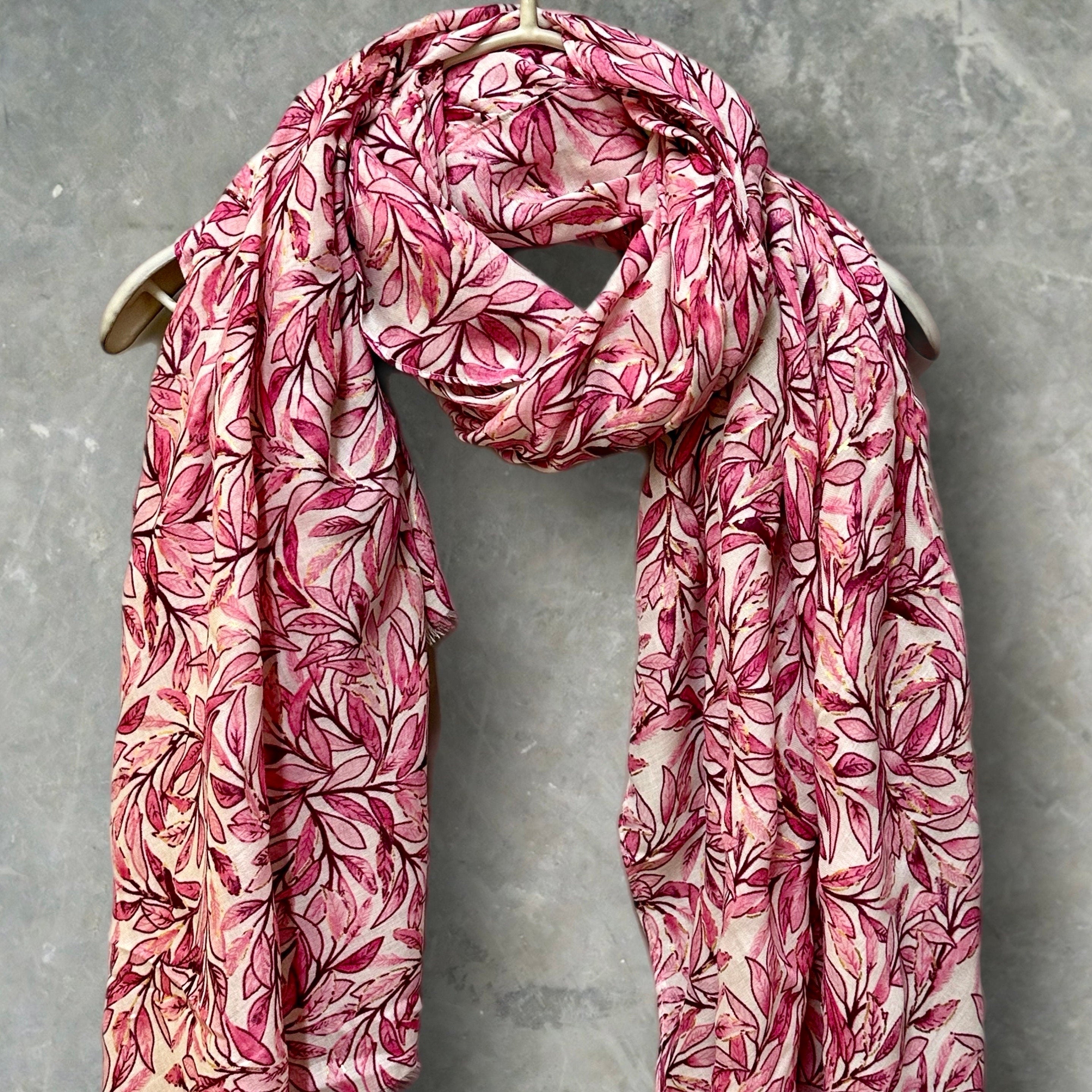 Chic Sketched Leaves Pink Scarf with Gold Flakes.