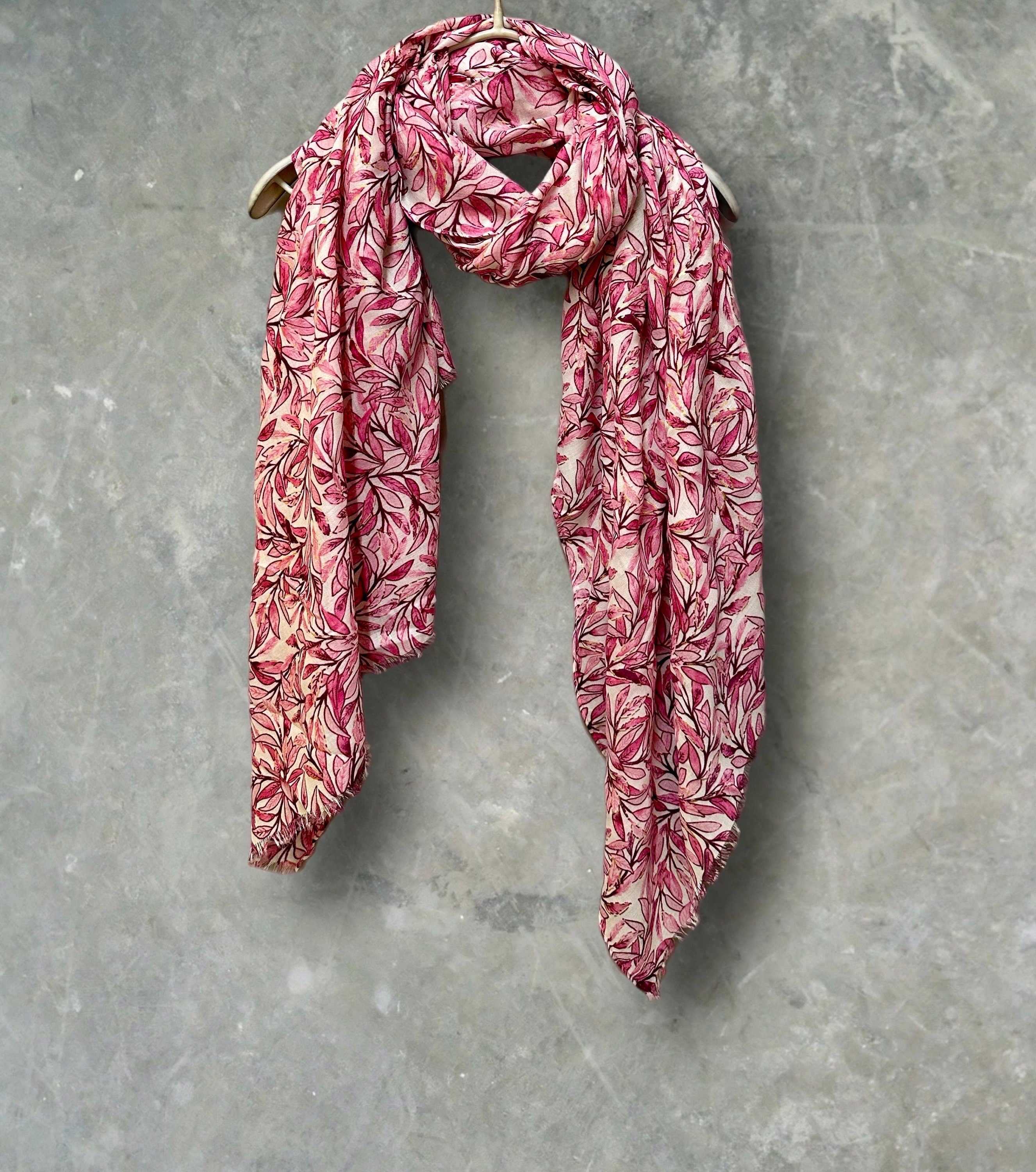 Chic Sketched Leaves Pink Scarf with Gold Flakes.