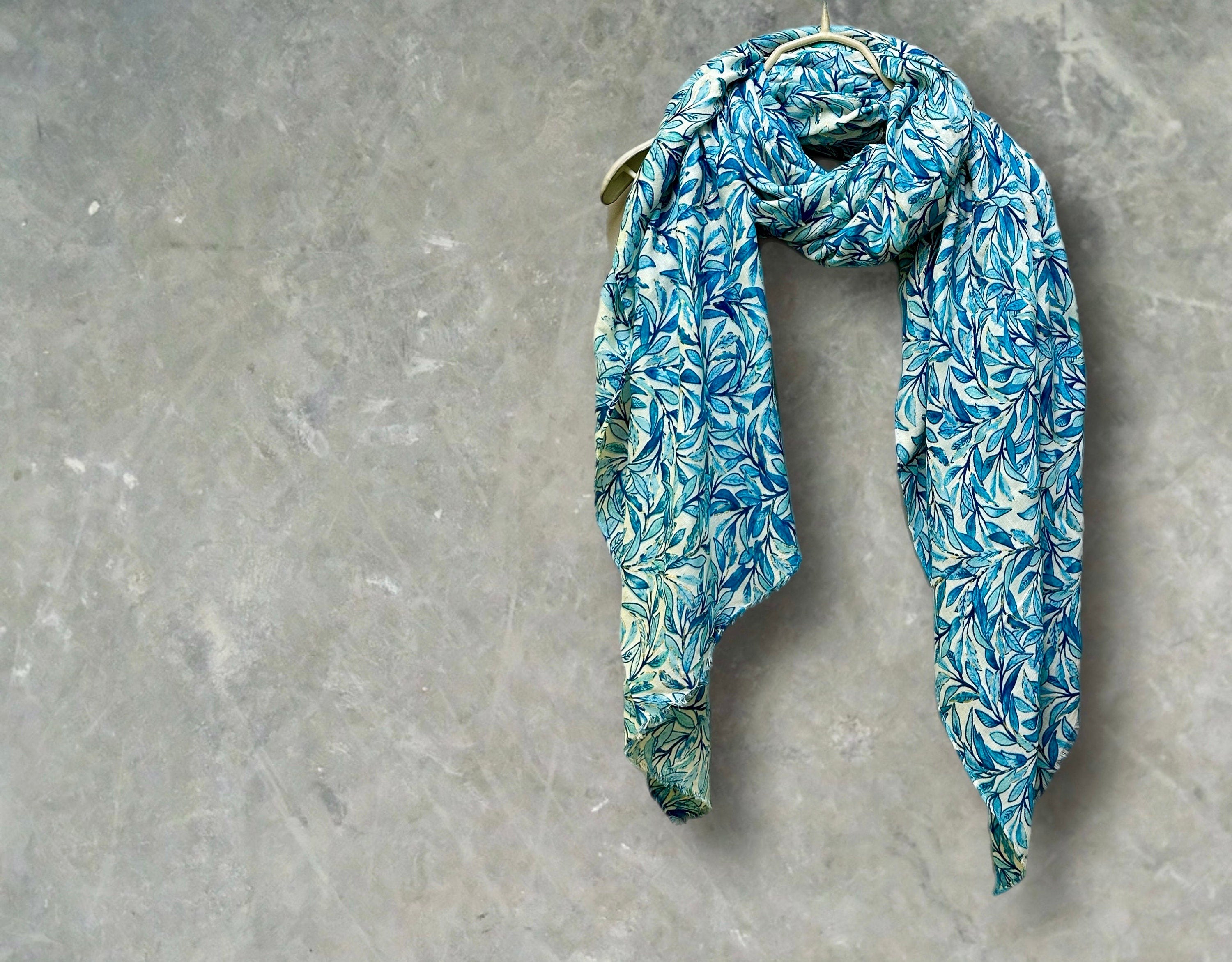 Chic Sketched Leaves Blue Scarf with Gold Flakes