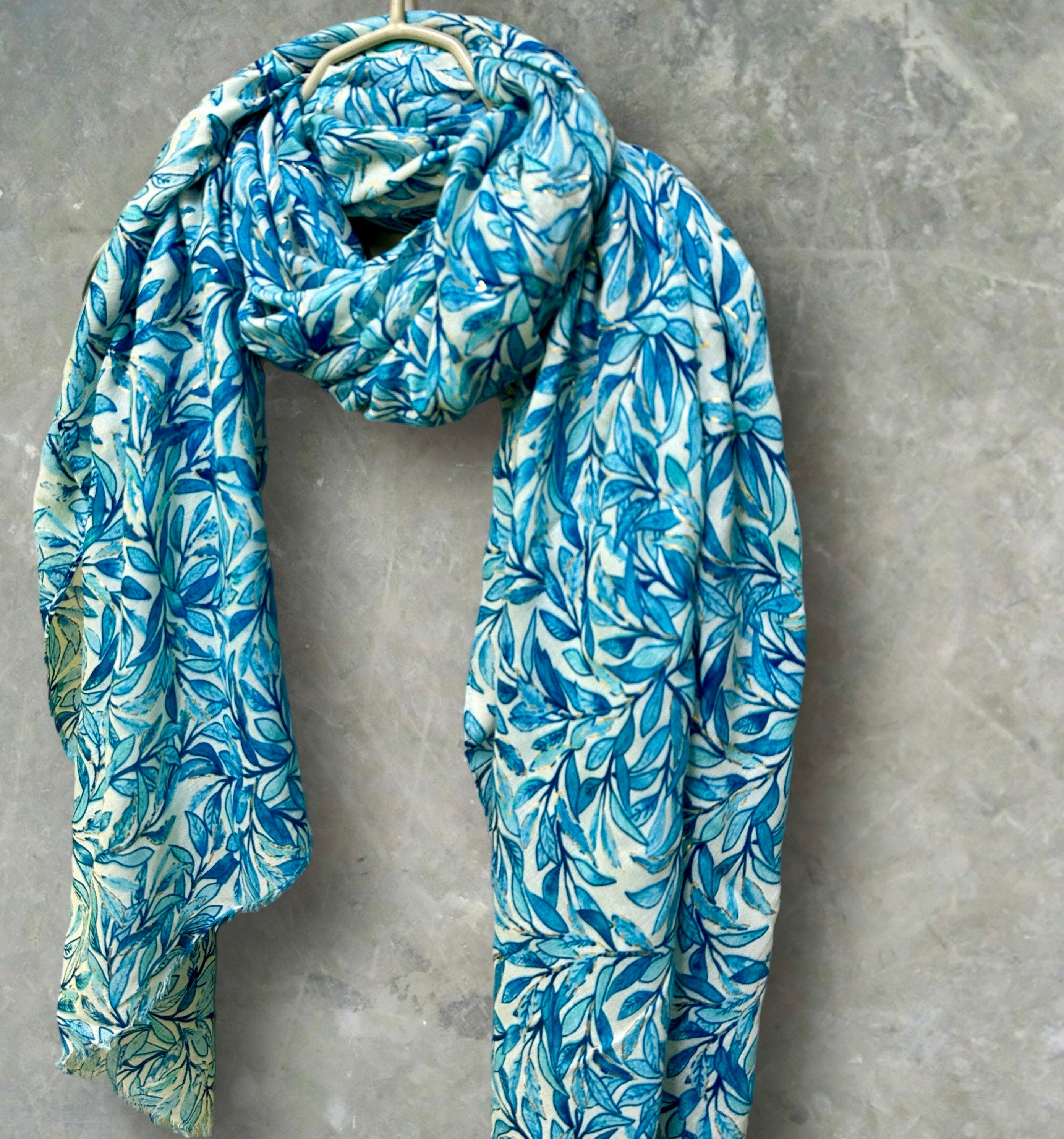 Chic Sketched Leaves Blue Scarf with Gold Flakes