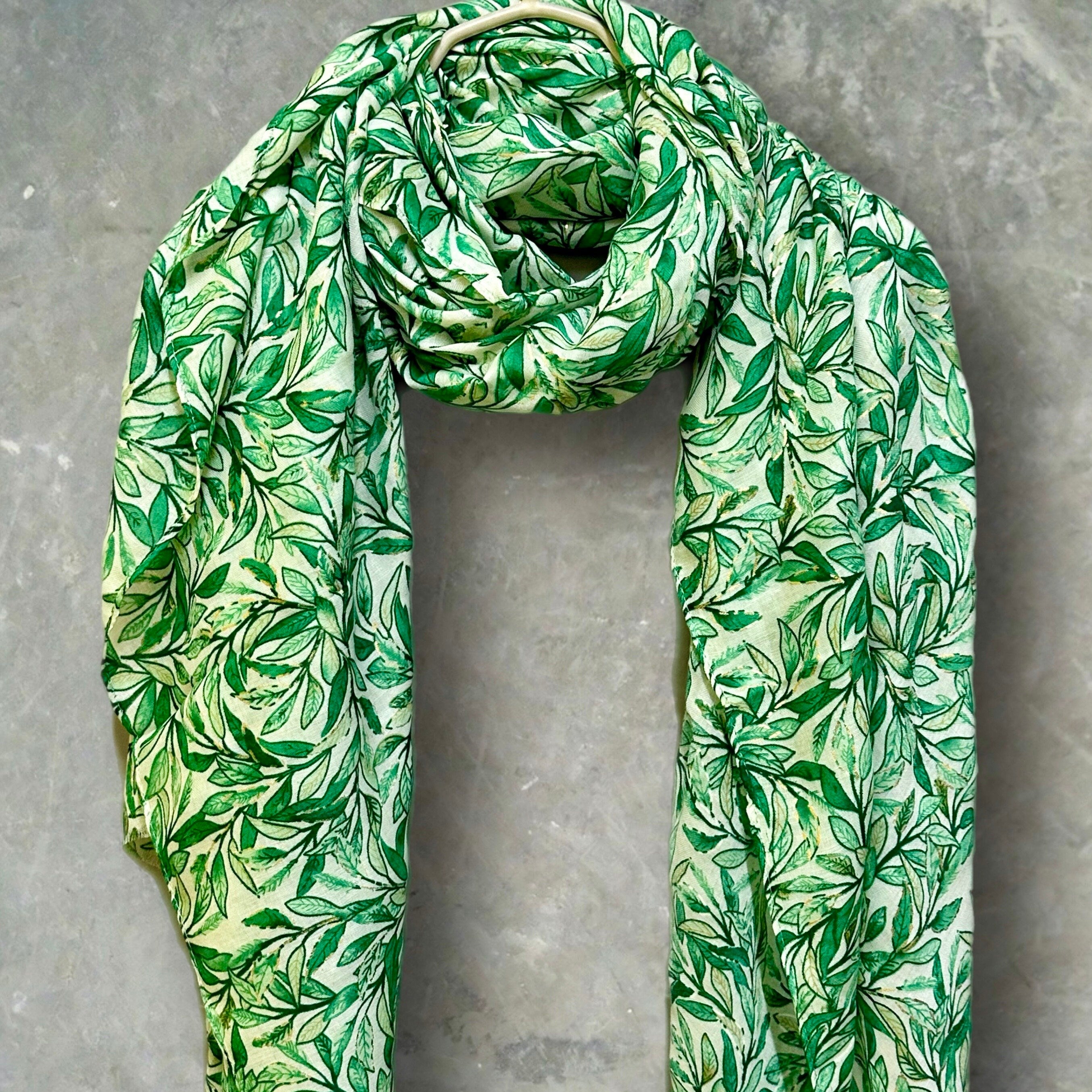 Chic Sketched Leaves Green Scarf with Gold Flakes.