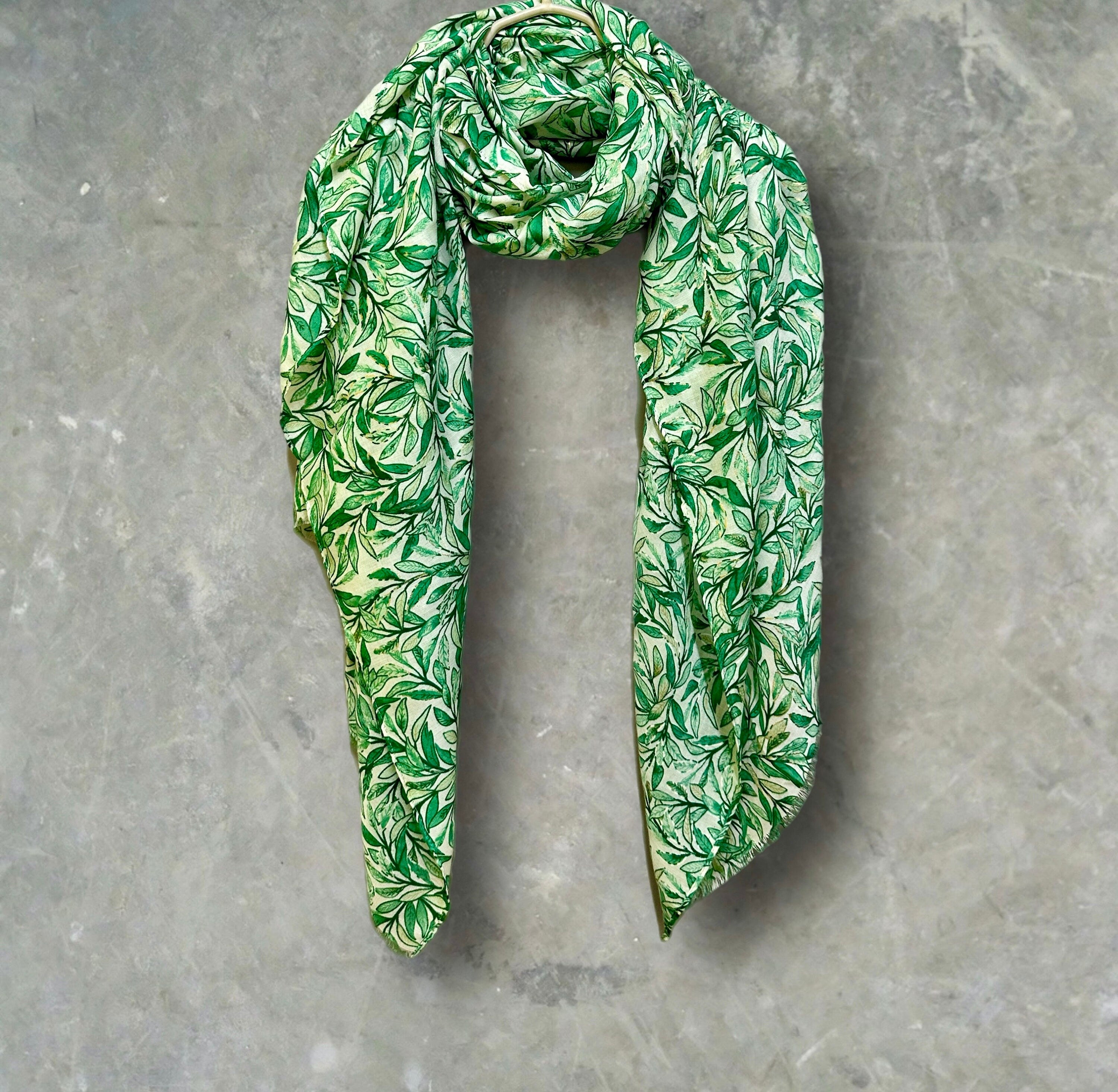 Chic Sketched Leaves Green Scarf with Gold Flakes.