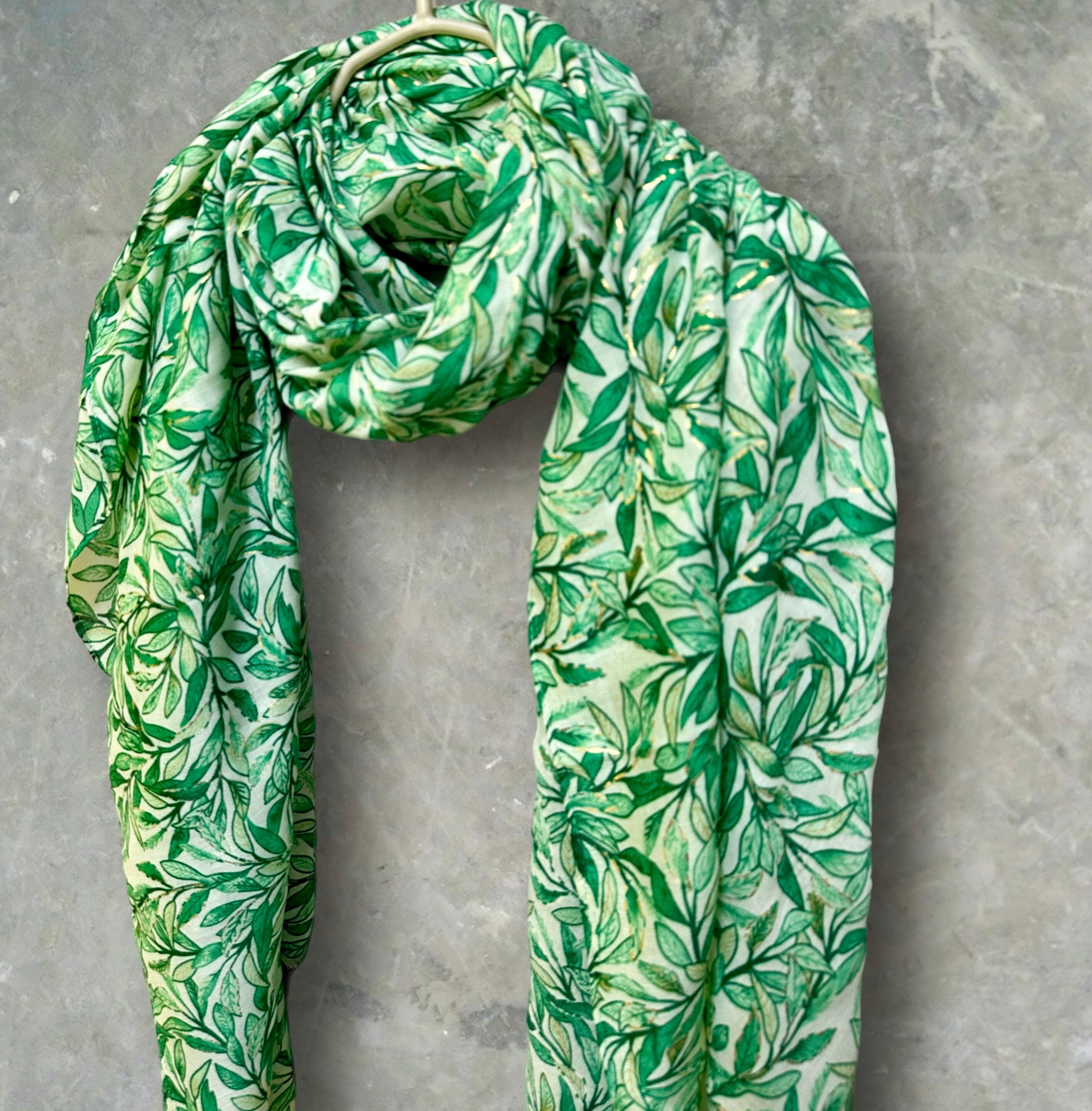 Chic Sketched Leaves Green Scarf with Gold Flakes.